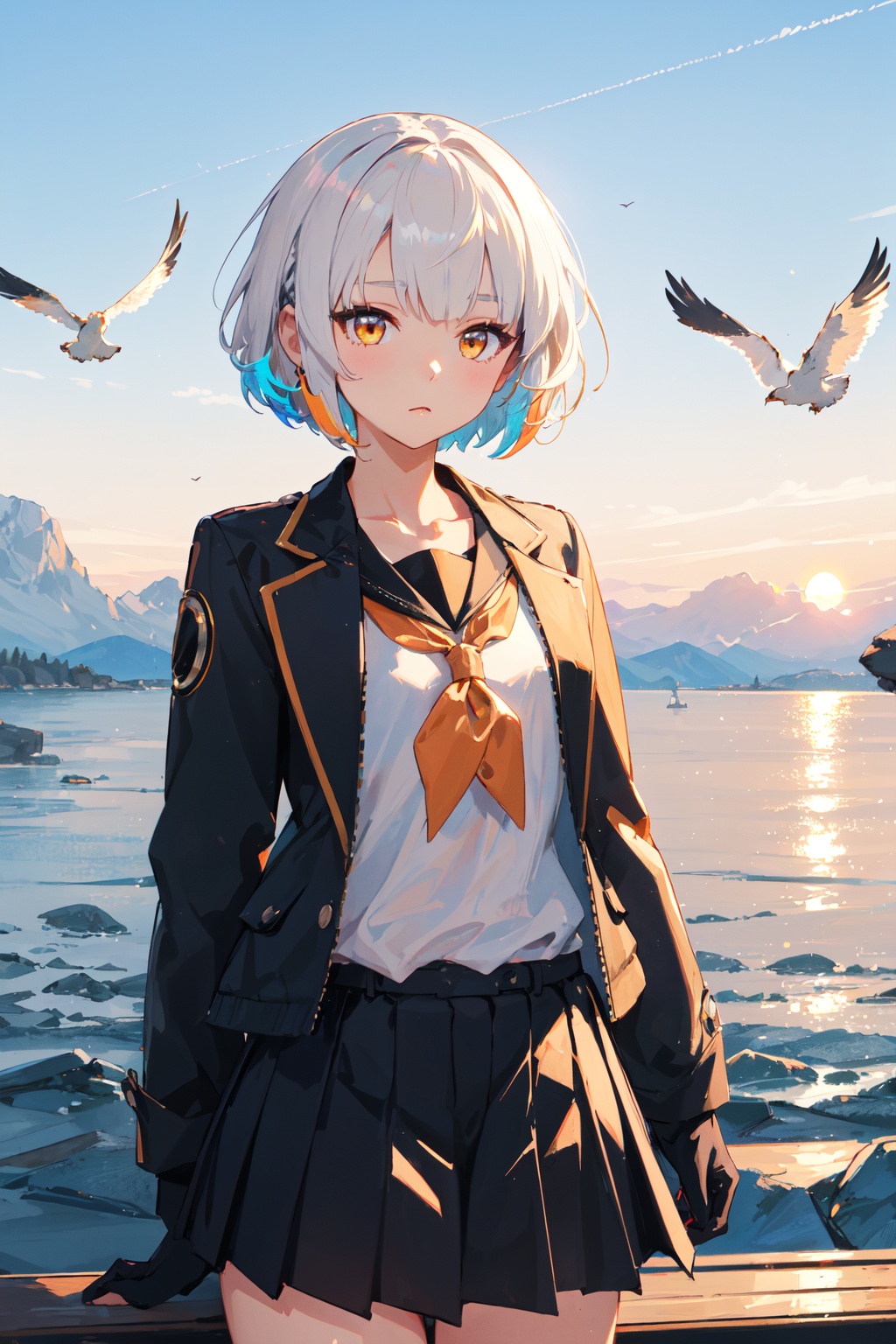 <lora:Anby-000020:0.6>,Anby CYQL,1girl,looking at viewer,solo,short hair,white hair,yellow eyes,(Classic and timeless style with a tailored blazer, knee-length skirt, and silk neckerchief:1.3),(teardrop:1.2),(upper_body:1.3),As the sun sinks slowly into the horizon, the sky blushes orange and red, and golden rays bathe the shimmering sea. Seagulls soar overhead, fishing boats sing into the dusk,beautiful detailed sky,beautiful detailed glow,posing in front of a colorful and dynamic background,masterpiece,best quality,beautiful and aesthetic,contrapposto,female focus,wallpaper,