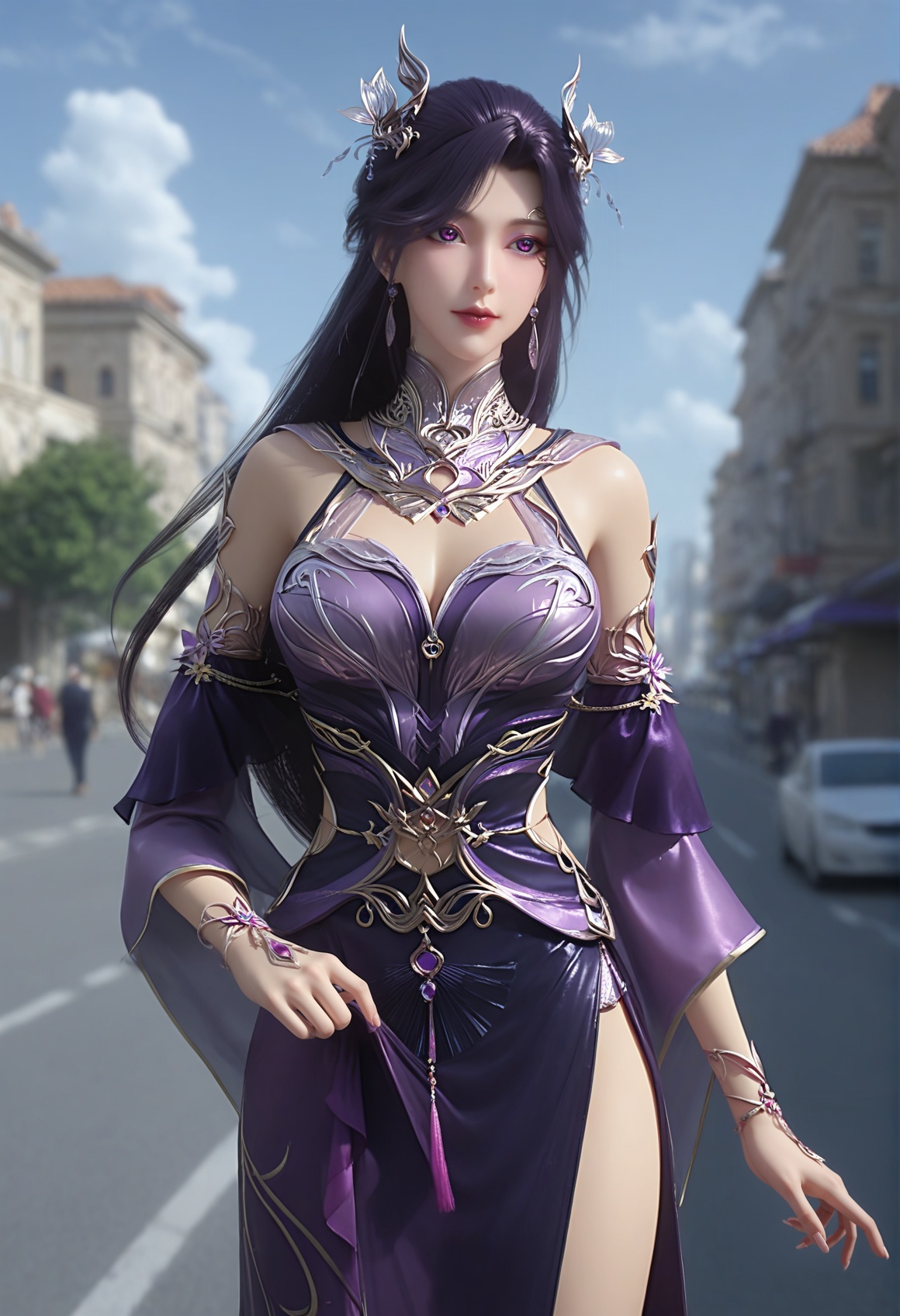 (score_9),<lora:燕倾城-Apony:0.8>,yanqinchen,(mature_female),solo,long hair,hair ornament,purple hair,high collar,jewelry,detached collar,earrings,purple dress,detached sleeves,belt,<lora:perfect eyes_v1:0.8>,purple eyes,front view,bright pupils,<lora:Expressive_H-000001:0.8>,clothes_lift,(dress_lift:1.1),skirt_lift,lifted_by_self,glamor,collarbone,pointy breasts,puffy breasts,large breasts,narrow waist,side slit dress,outdoors,street,blue sky,blur background,building,city,cloud,cloudy sky,day,depth of field,