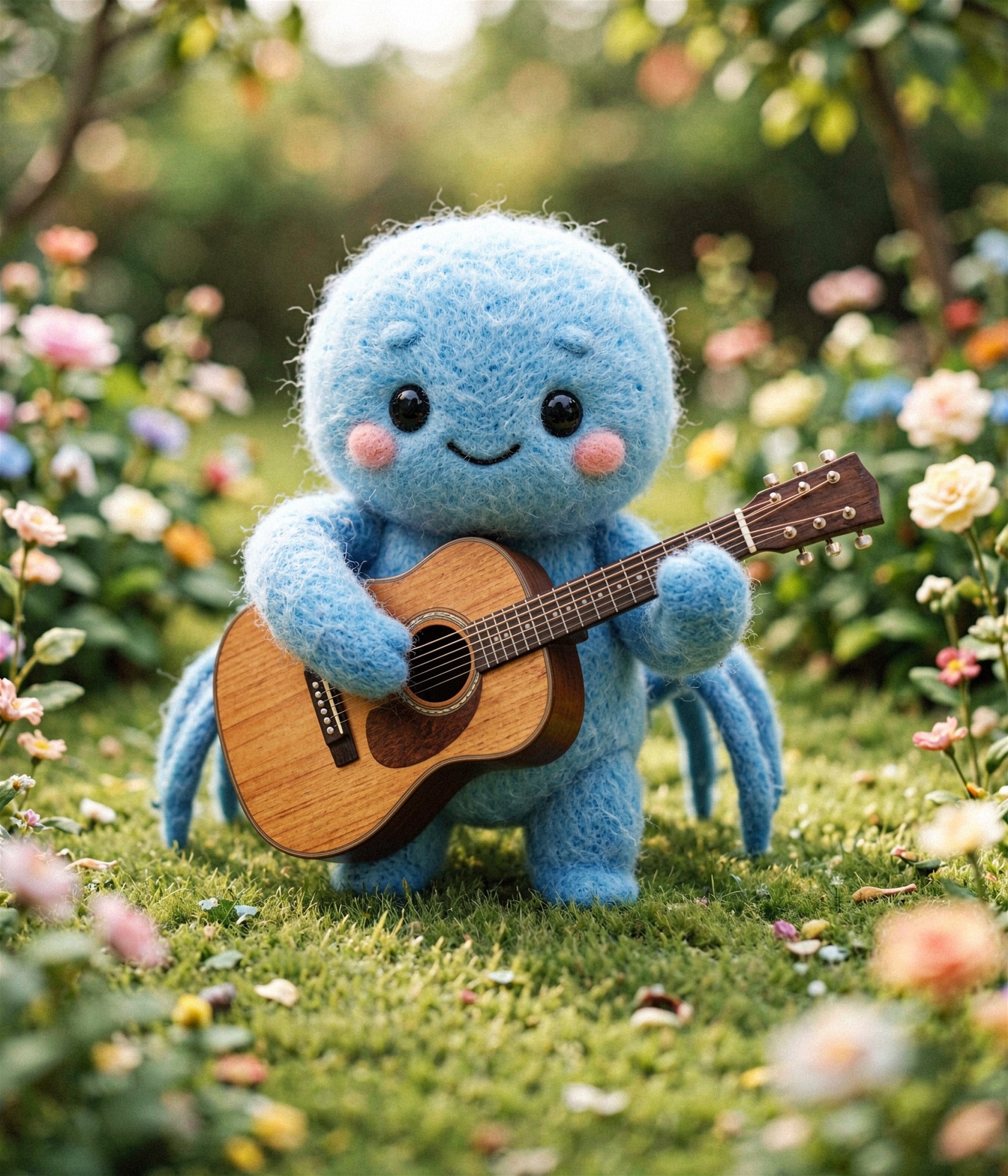small chibi Cute woolly blue coloured spider monster plays music on an acoustic guitar in the garden on Tensor.Art