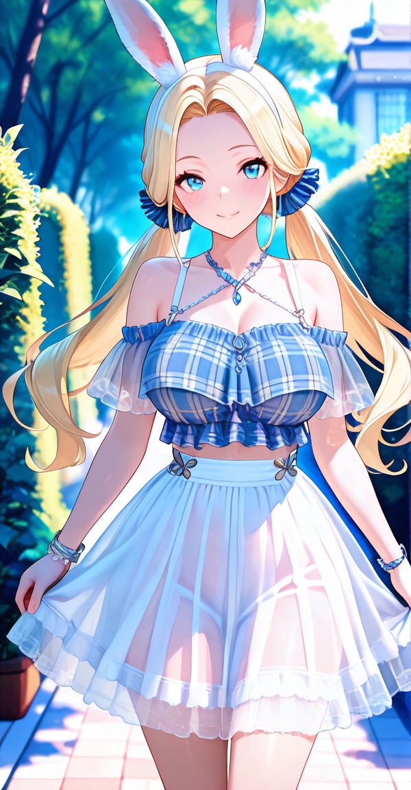 plaid shirt,  off-shoudler skirt,  rabbit ears on Tensor.Art