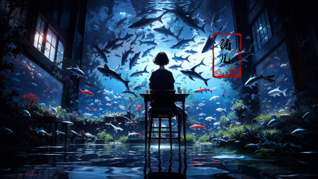 blue theme, fish, aquarium, chair, sitting, short hair, solo, border, 1girl, scenery, dark, from behind, black border, table, black hair, indoors, water，<lora:绪儿-海底世界Underwater world:0.8>