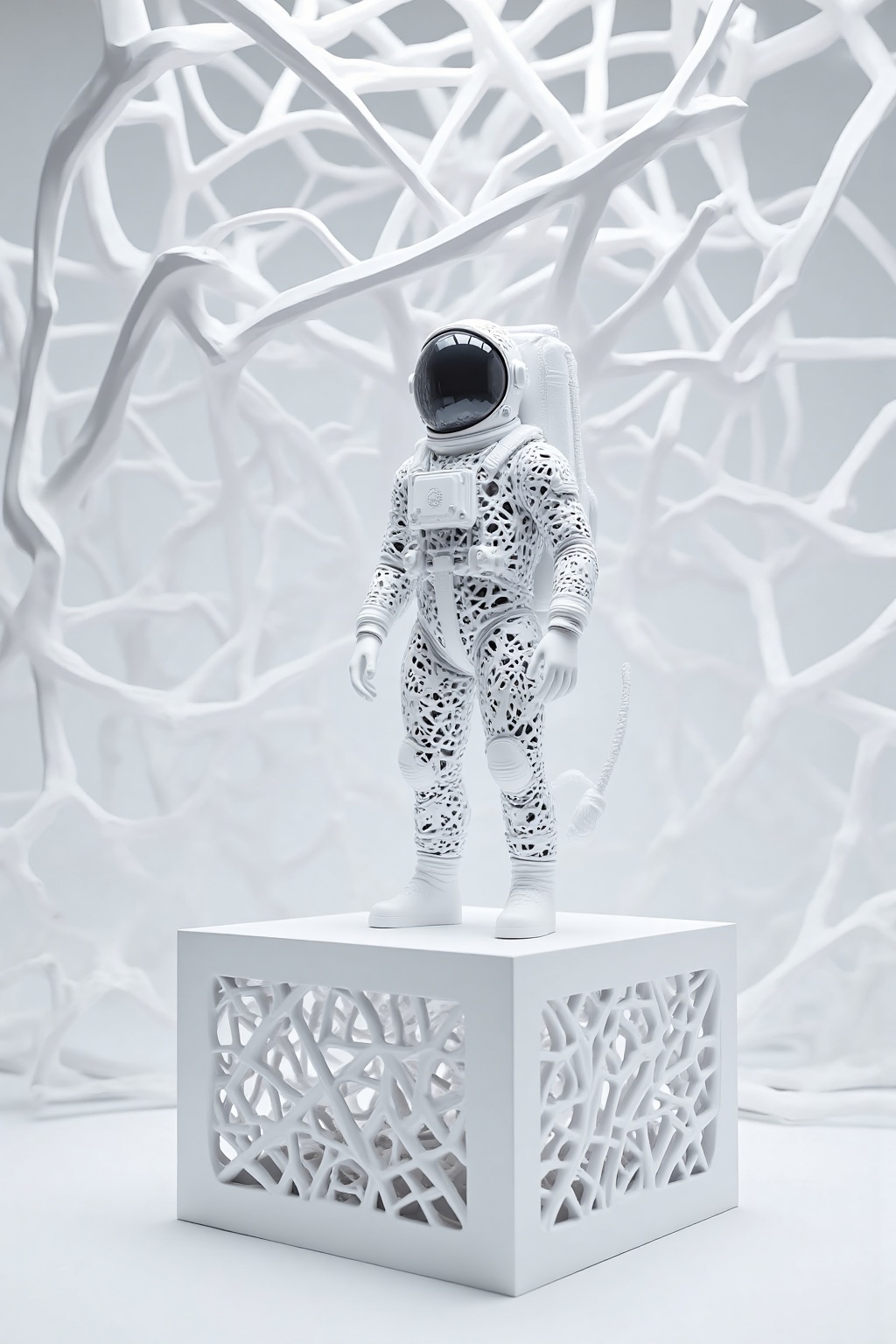 muse X,A photograph of a white, intricately detailed astronaut figure on a white, lattice-patterned base. The astronaut, with a black helmet, stands against a backdrop of abstract, white, organic shapes resembling a web or network. The overall scene is monochromatic, emphasizing a futuristic, ethereal atmosphere. 