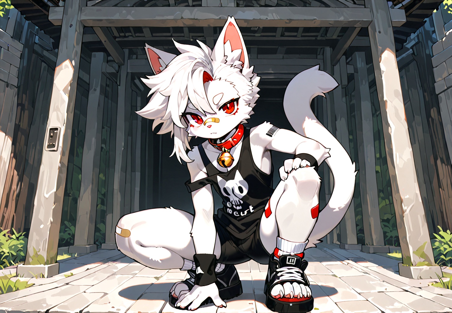 furry,red eyes,urry,white fur,cat boy,white hair,Right mid length drooping frontal hair,(Asymmetric hair on the temples:1.2),Expose left shoulder,wristband,thick eyebrows,barcode tattoo,bell on collar,Collar,Cortical collar,Large collar,white hair,bandage on nose,bandage on leg,Armed with two guns,look at the viewers,Half squat,wear open toe shoes,<lora:FURRY工坊β:1>,juvenile muscle,ankle tie bell,