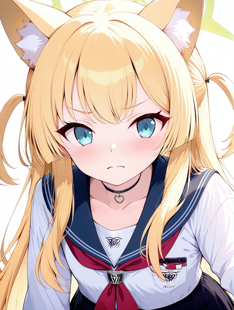 Kurumi(blue archive),O,Kurumi(blue archive),1girl, animal ears, solo, blonde hair, halo, school uniform, long hair, choker, white background, looking at viewer, fox ears, simple background, red neckerchief, serafuku, blush, skirt, black choker, neckerchief, sailor collar, animal ear fluff, long sleeves, bangs, blue eyes, v-shaped eyebrows, shirt, pleated skirt, closed mouth, collarbone, two side up, white shirt, black skirt, frown,(aesthetics),masterpiece,best quality,ultra high definition,32K resolution,clear focus,delicate details,high-end texture,fashion photography,film perspective,rich colors,color palette,advertising style,tension composition,masterpiece,mild atmosphere,latest,dynamic Dutch perspective,transparent composition,magazine cover,cover,