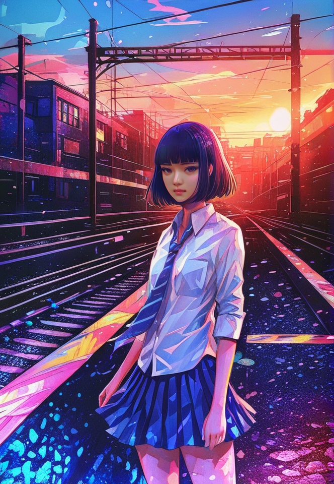 (best quality), ((masterpiece)), (highres), illustration, original, extremely detailed, <lora:少女梦绘卷:0.7>1girl, solo, skirt, looking at viewer, shirt, necktie, standing, collared shirt, abstract, pleated skirt, blunt bangs, short hair, white shirt, black hair, striped necktie, bangs, wing collar, closed mouth, school uniform, colorful, blue skirt, railroad tracks, outdoors, cowboy shot