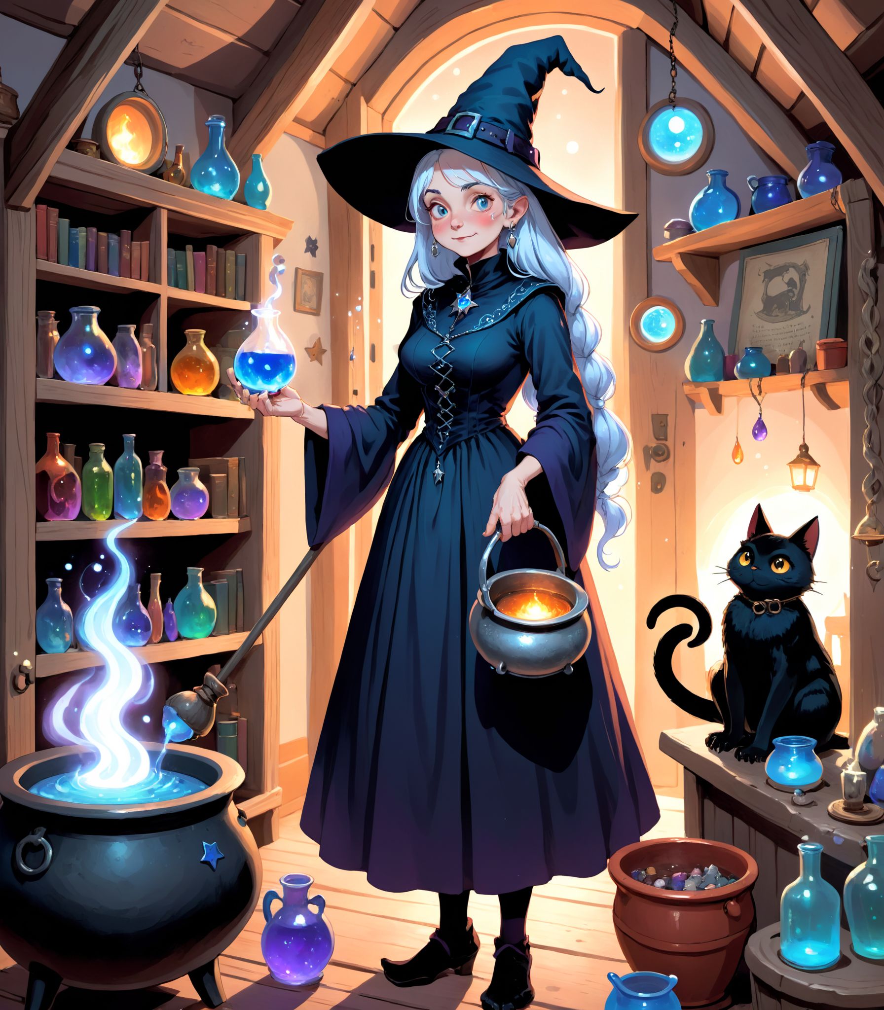 Illustration of a kindly,  elderly witch with a long,  silver braid on Tensor.Art