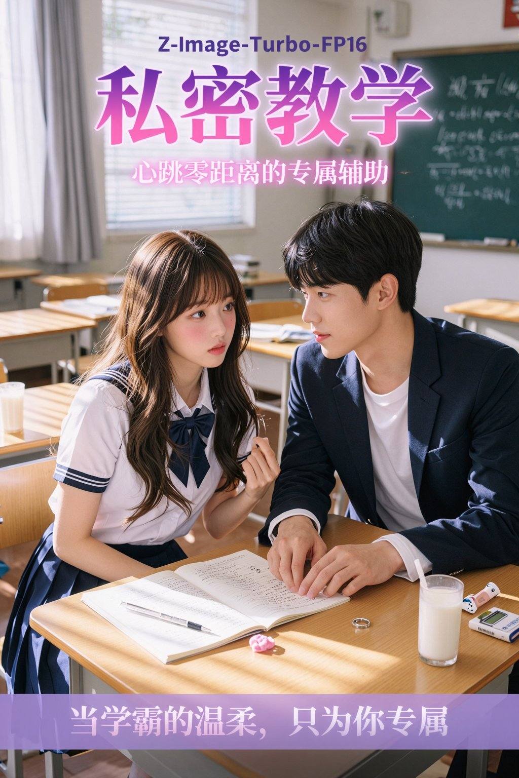 画面采用“韩式教室+暧昧光影”的聚焦构图,以暖调柔光为氛围基底,凸显“隐秘互动”的核心张力,贴合韩漫标志性的细腻质感与情感浓度,[主体场景],午后的韩式私立高中教室,阳光透过百叶窗斜切而入,在木质课桌上投下明暗交错的条纹光影,桌面铺着摊开的数学课本,笔记本与黑色水笔,笔记本上写着娟秀的韩文笔记,角落散落着几颗薄荷糖与半杯温热的牛奶,背景是整齐排列的课桌椅,远处黑板写着模糊的公式,窗帘是浅灰色亚麻材质,半掩着窗外的绿树,整体场景简洁却暗藏暧昧,[核心人物],- 女生：坐在课桌前,身着韩式蓝白水手服（白色衬衫+藏青领结+百褶裙),长发微卷披散肩头,发尾垂落在锁骨处,脸颊泛着淡淡的红晕,眼神清澈却带着一丝羞涩,睫毛纤长,嘴唇涂着淡粉色唇釉,一手握着水笔悬在笔记本上,另一手轻轻拽着衣角,身体微微前倾,目光望向身旁的男生,- 男生：坐在女生右侧,身着韩式深色校服外套（内搭白色T恤),领口微敞,袖口挽起露出小臂,短发利落,眉眼俊朗,眼神温柔带着宠溺,嘴角噙着浅浅笑意,一手撑在课桌上,指尖轻轻点在女生的笔记本上,似在讲解题目,另一手自然搭在椅背上,姿态放松却带着隐秘的保护欲,两人距离极近,发丝几乎相触,[文案设计],- 主标题：《私密教学》（居中偏上,韩式粗体艺术字,颜色从深紫渐变至粉红,字体边缘带轻微光泽特效,笔画粗细错落,兼具精致感与张力),- 副标题：“心跳零距离的专属辅导”（主标题下方,浅粉色细体字,字间距宽松,带淡淡的光晕效果,贴合暧昧氛围),- 底部文案：“当学霸的温柔,只为你专属”（底部居中,白色字体,背景叠加浅紫色渐变条,增强可读性),[细节点缀],两人之间的课桌上,放着一枚银色戒指（男生的配饰）与一个粉色发圈（女生的配饰),暗示羁绊,阳光在女生的发梢与男生的肩头形成柔和光斑,增强画面层次感,笔记本上的韩文笔记旁,画着一个小小的笑脸涂鸦,整体色调以粉白,light purple long upper shan,原木色为主,光影柔和细腻,线条流畅干净,符合韩漫封面“高颜值+强氛围+暧昧感”的核心特质,背景顶部写着半透明色“Z-Image-Turbo-FP16”。