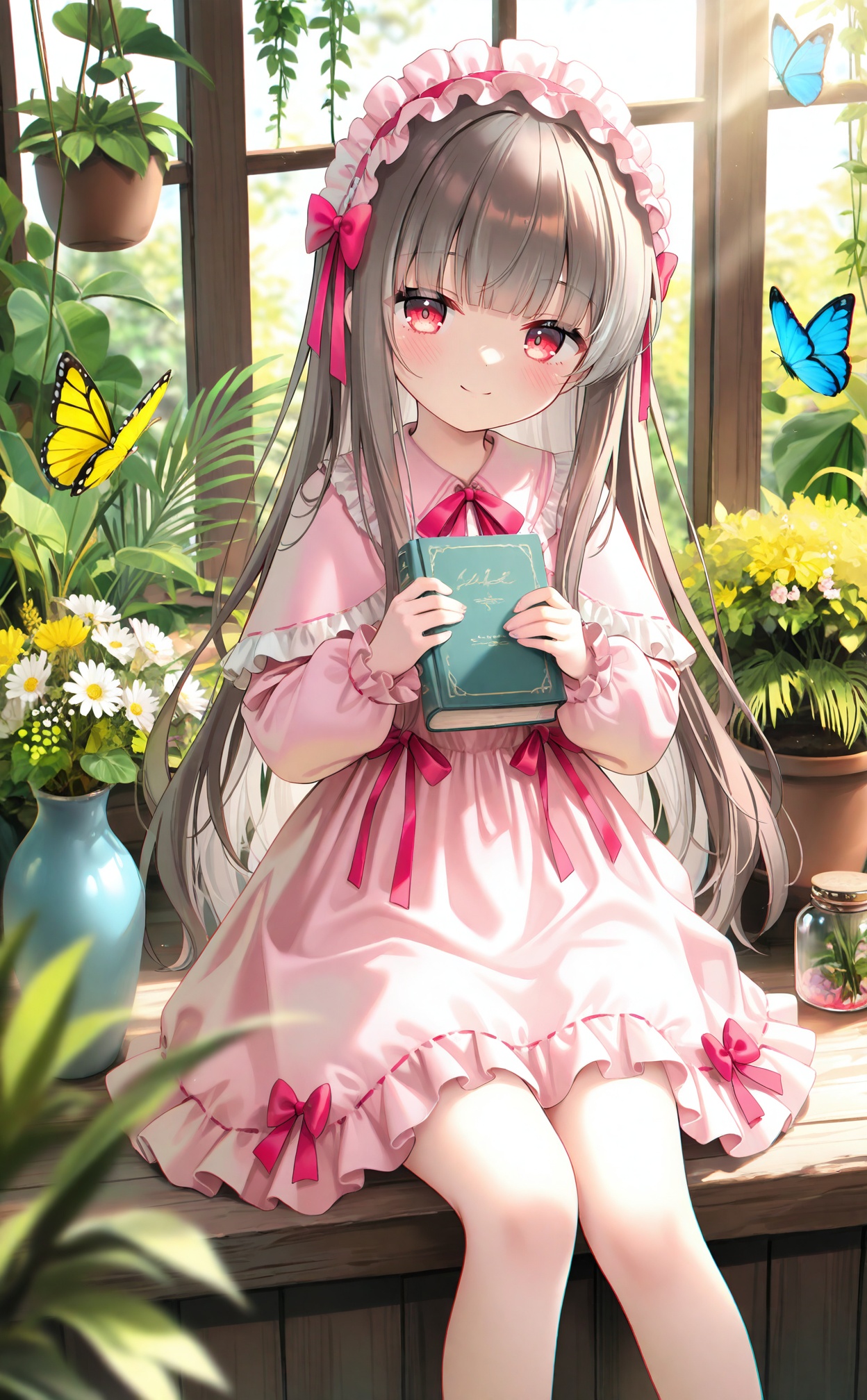 masterpiece,very aware,highres,absurdres,newest,best quality,loli,petite,high quality,chromatic_aberration,cinematic_angle,dutch angle,//,1girl,bug,book,holding,butterfly,pink dress,long hair,solo,dress,smile,holding book,plant,flower,looking at viewer,red eyes,blush,hair ornament,sitting,hairband,grey hair,long sleeves,bow,hair flower,lolita hairband,very long hair,frills,frilled dress,window,closed mouth,frilled hairband,blunt bangs,red bow,potted plant,feet out of frame,hair bow,lolita fashion,indoors,pink flower,puffy long sleeves,yellow flower,ribbon,straight-on,jar,day,red ribbon,animal,buttons,pink bow,vase,dot nose,frilled sleeves,hanging plant,split mouth,puffy sleeves,hands up,dress bow,capelet,vines,sunlight,leaf,hair ribbon,red hairband,collared dress,child,sidelocks,flower pot,yellow butterfly,virtual youtuber,frilled collar,sweet lolita,blurry,blue butterfly,fern,headdress,white flower,windowsill,brown hair,light blush,