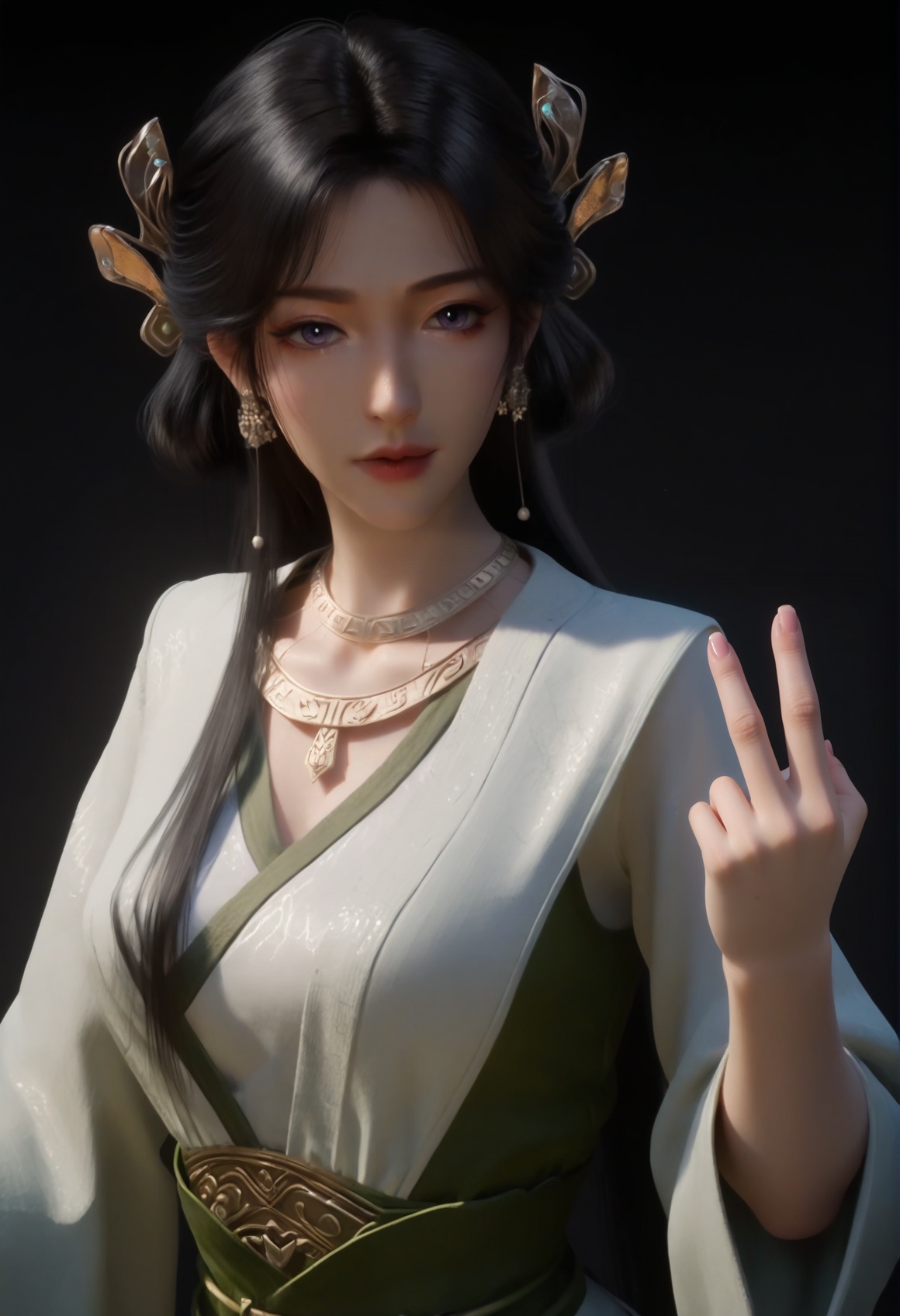 (score_9),<lora:梅凝1-Apony:0.85>,mn,(mature_female:1.1),solo,hair ornament,long hair,black hair,jewelry,earrings,necklace,long long sleeves,robe,<lora:perfect eyes_v1:0.8>,front view,bright pupils,<lora:Expressive_H-000001:0.8>,(middle_finger:1.1),outstretched_arm,(glamor:1.2),collarbone,pointy breasts,puffy breasts,large breasts,narrow waist,curvy,simple background,black background,(white_skin:1.1),(fair_skin:1.1),