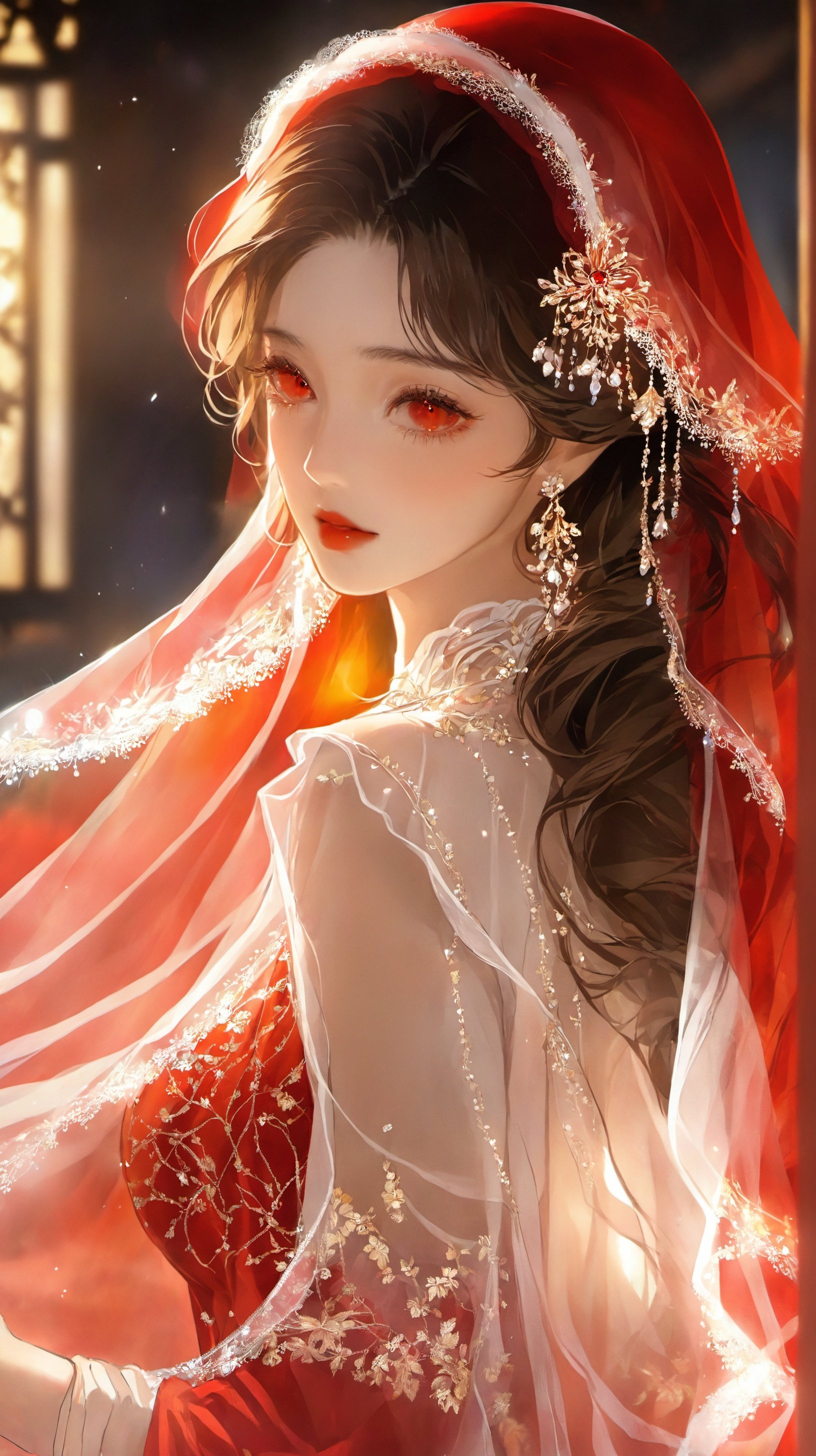 highly detailed,ultra-high resolutions,32K UHD,best quality,masterpiece,exquisite style,1girl,solo,veil,long hair,A serene-looking female character with intricate jewelry and a flowing red veil is surrounded by a dreamy,golden ambiance.,<lora:Exquisite style-000007:1>,