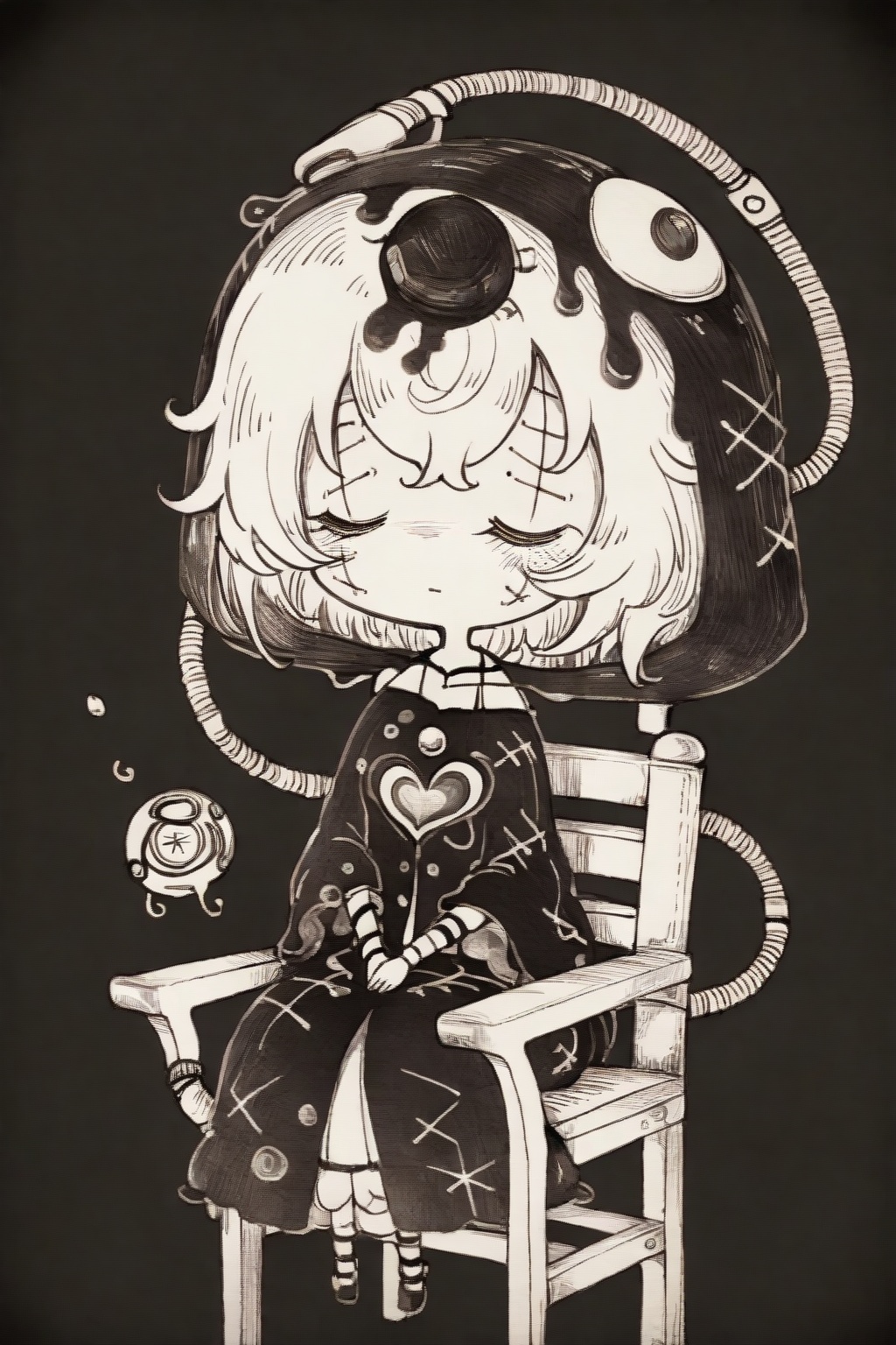 1girl,solo,short hair,hair ornament,hat,closed mouth,sitting,closed eyes,monochrome,heart,virtual youtuber,chibi,chair,black background,third eye,komeiji satori,<lora:mnsp Texture2D:1>,