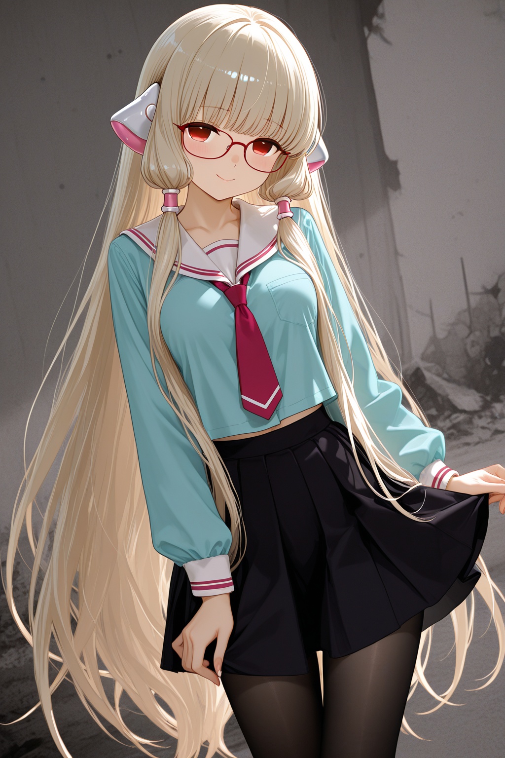 masterpiece,best quality,highly detailed,darkness,1girl,Chii,Chobits,school_uniform,black_skirt,perfect_black_pantyhose,light_blue_shirt,shy,smile,glasses,