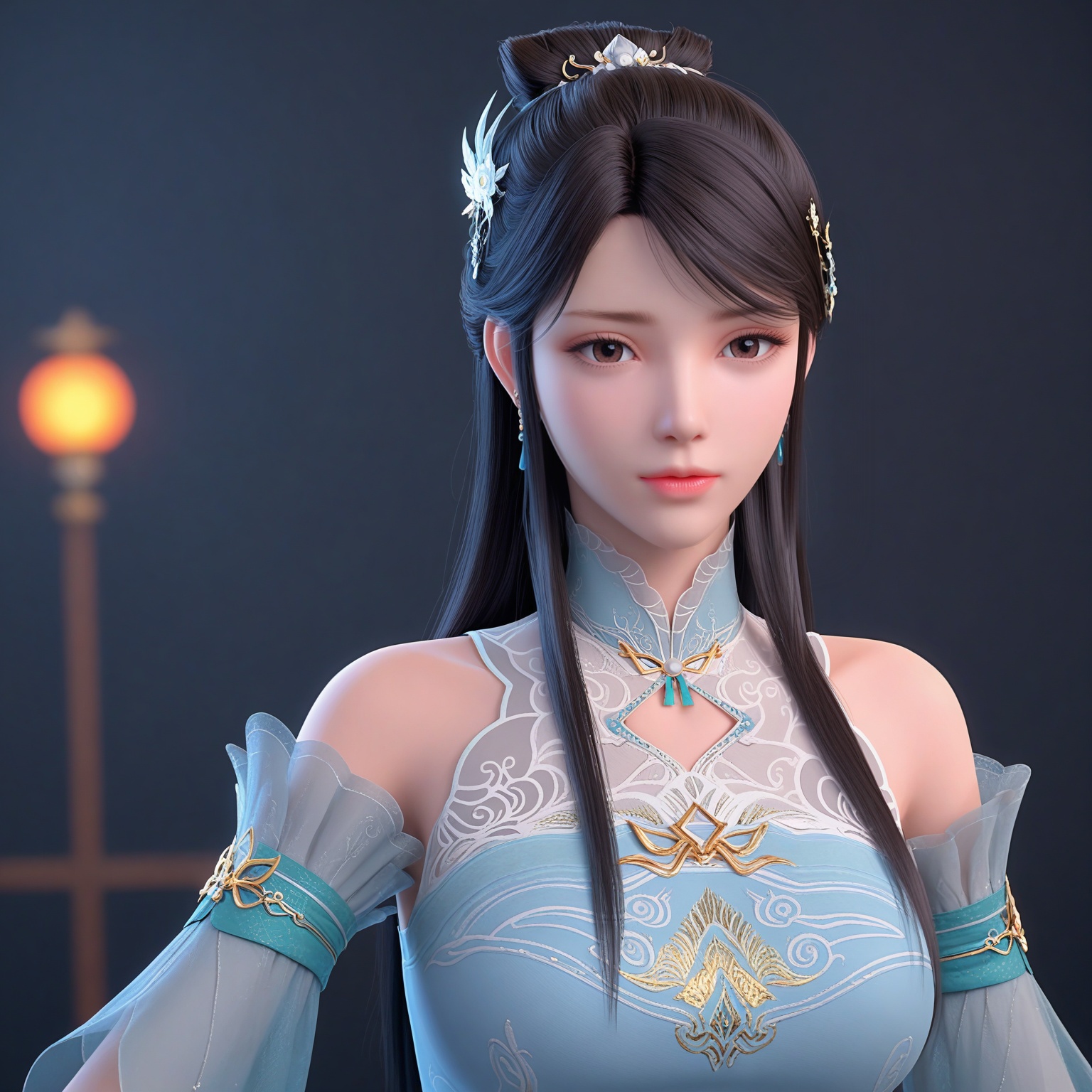 (upper_body:1.1),(huge breasts:0.9),56.<lora:YQponyxunerliuhaiV4:0.8>,q1528437228,solo,1girl,long_hair,dress,black_hair,bare_shoulders,hair_ornament,detached_sleeves,brown_hair,blue_dress,jewelry,sash,chinese_clothes,brown_eyes,earrings,hair_bun,white_dress,ribbon,shoes,see-through,blue_footwear,pantyhose,necklace,bracelet,half_updo,,blush,(looking_at_viewer:1.1),BREAKintricate details,shiny_skin,solo focus,(blurry background:1.1),(depth of field:1.1),perfect_anatomy,(cinematic lighting:0.9),(volumetric lighting:0.9),(simple background,pure black background,black background:1.1),