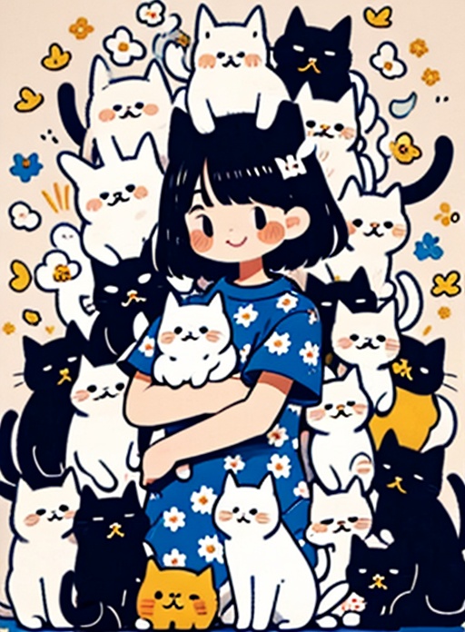 <lora:zgmaomao_V2-000009:0.9>,1girl,zgmaomao,Blue T-shirt,cat,(black hair:0.9),smile,short s000009ves,short hair,cat ears,Holding the cat,solo,floral print,full-size photograph,