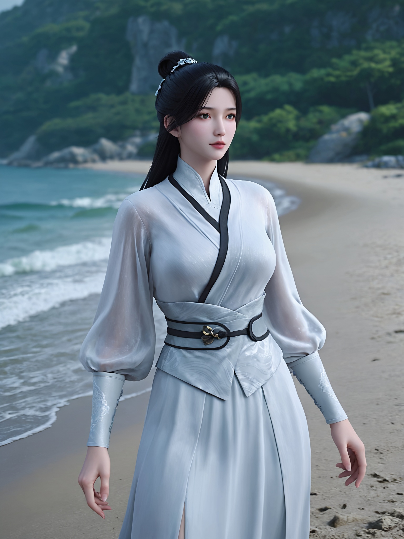 realistic style photo outstanding style,tall,cute,in her teens. Use soft lighting to cast gentle shadows on the subject,adding a touch of dimension to your images without compromising details,score_9,Seaside,beach,waves,<lora:剑来-陈对Pony:0.6>,black hair is styled in an elaborate updo adorned with a floral hairpin,wears a flowing,white silk kimono with intricate,silver embroidery on the sleeves and a wide obi belt,