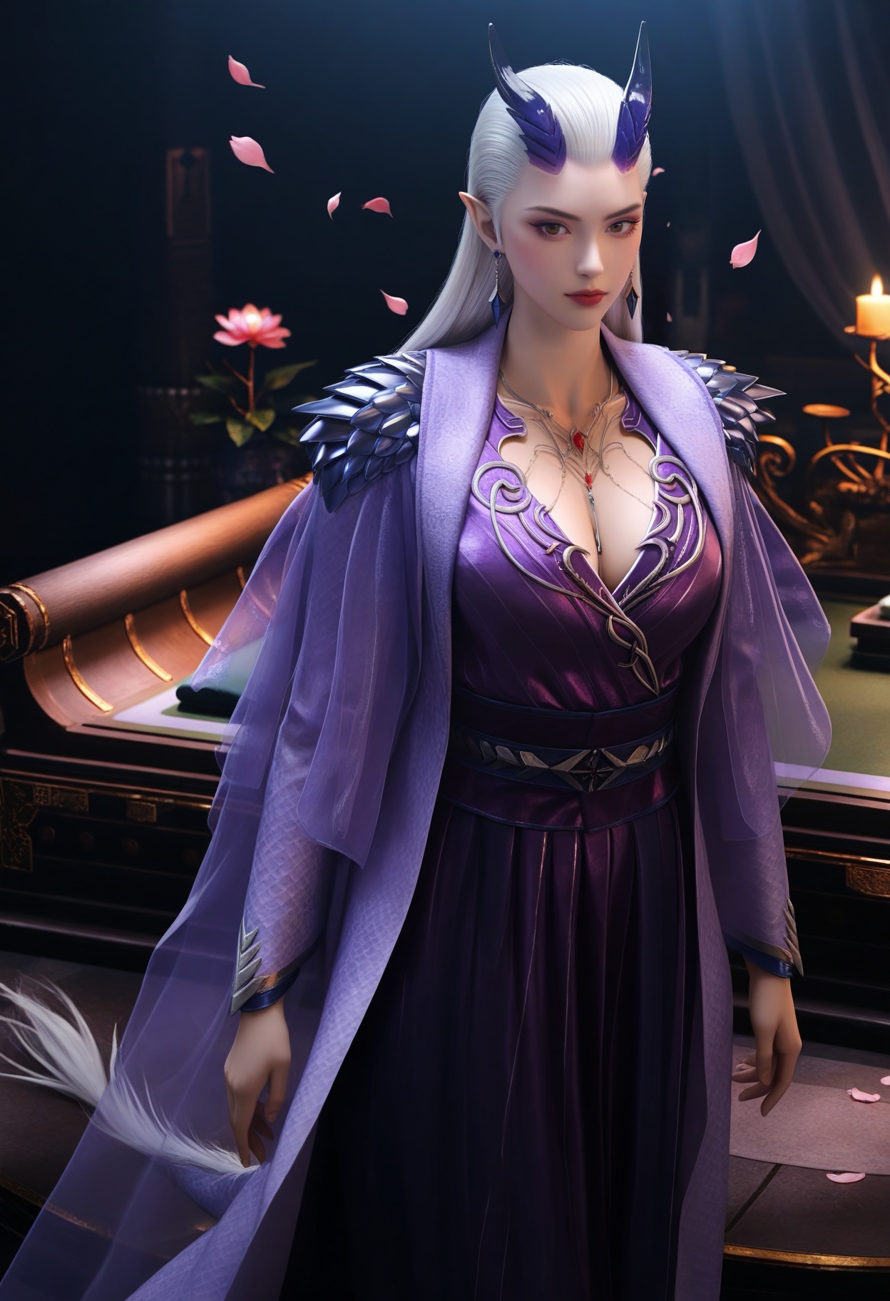 masterpiece,best quality,amazing quality,very aesthetic,high resolution,ultra-detailed,absurdres,scenery,photorealistic,(looking at viewer:1.1),upper body,(Dark room:1.3),(moody lighting:1.1),peach blossom,falling petals,(large breasts:0.8),monasuo,1girl,solo,white hair,long hair,jewelry,horns,earrings,pointy ears,necklace,closed mouth,dress,makeup,purple dress,long dress,long sleeves,red lips,brown eyes,barefoot BREAK photorealistic details,<lora:QQSillmonasuoV1:0.8>,