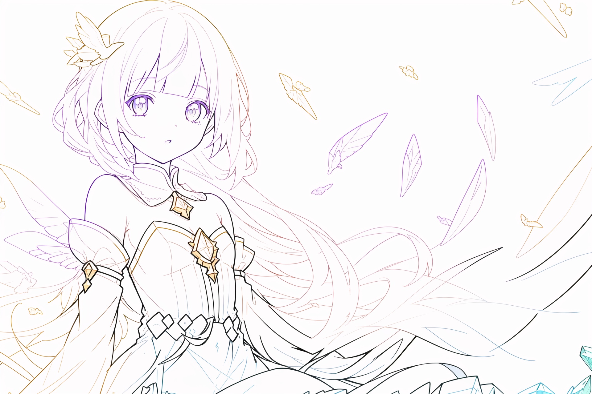 (((masterpiece))),(((crystals texture Hair))),(((((extremely detailed CG))))),((8k_wallpaper)), (1 girls:1.5),big top sleeves, floating,beautiful detailed eyes, overexposure, side blunt bangs, buttons, bare shoulders,(loli),light shafts, soft focus, character focus,wings,(((Transparent wings))),(White pantyhose:1.2),[((Wings made of golden lines,angel wing,gold halo around girl,many golden ribbon,Aureate headgear,gold magic circle in sky,ight, black sky):1.3):((galaxy background, snowflakes, night sky, black pupils, starts sky background, stars behind girl, view on sky,standing):0.8)],[(Elegant hair,Long hair,The flying golden lines,Messy golden lines,halo,hairs between eyes,Small breasts,ribbons, bowties,red eyes, golden pupil, white hair,flowing hair,disheveled hair,lowing long hair):(Delicate arms and hands):0.8] <lora:lines_l:1>