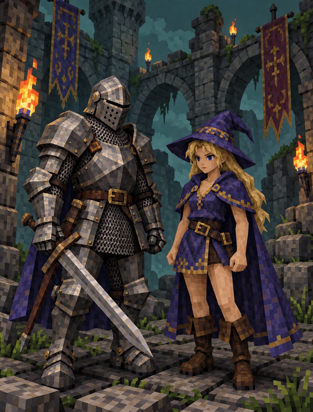 A medieval knight in heavy steel armor standing beside a young sorceress in a mysterious ruined castle,  stone arches,  to...