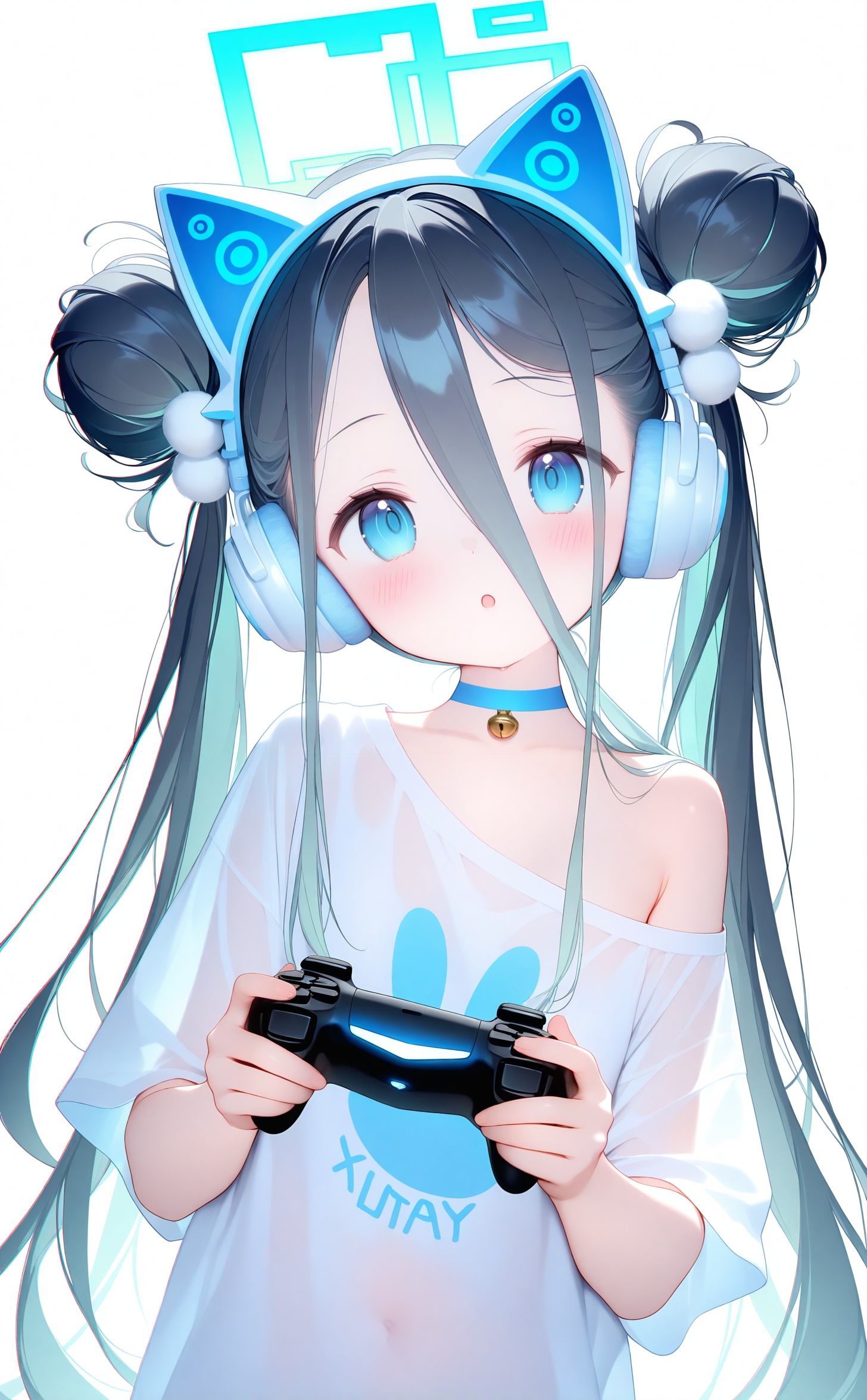 masterpiece,absurdres,best quality,loli,petite,high quality,chromatic_aberration,//,animal ear headphones, 1girl, cat ear headphones, headphones, solo, halo, controller, aris (blue archive), holding controller, long hair, hair bun, game controller, blue eyes, fake animal ears, holding game controller, holding, alternate hairstyle, choker, double bun, white background, animal ears, looking at viewer, simple background, black hair, off shoulder, hair between eyes, shirt, single bare shoulder, upper body, blush, white shirt, twintails, alternate costume, very long hair, blue choker, :o, parted lips, pom pom hair ornament, head tilt, playstation controller, blue hair, see-through, open mouth<lora:Nano_alens3:0.8>,