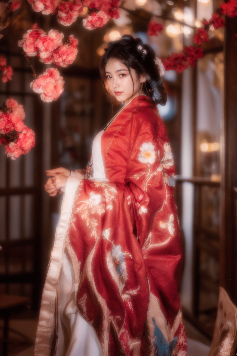 masterpiece,best quality,ultra high res,<lora:aw13xin_lora:1>,chinese clothes,hanfu,<lora:13honghanfu:1>,1girl,looking at viewer,gigantic_breasts,yosshi film,Watercolor painting,lily patterns,white and light pink colors,layered flower shapes,delicate leaves and branches,spacious composition,Eastern and Western fusion,artistic elegance,