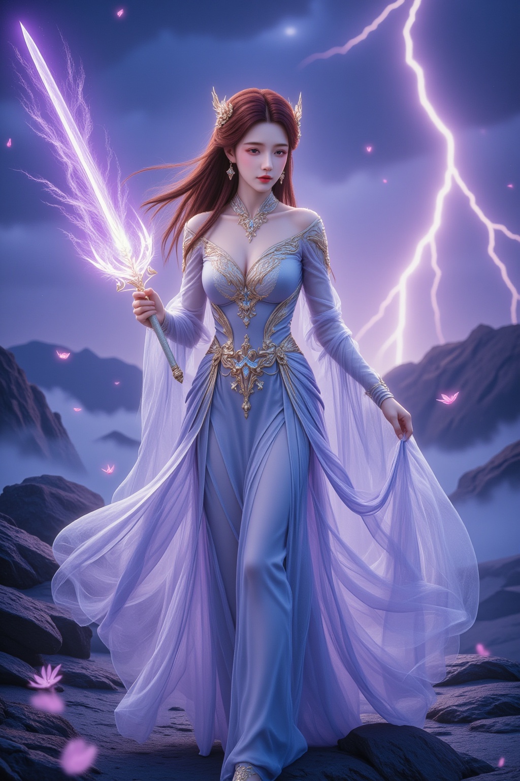 This is a highly detailed digital artwork featuring a fantastical,otherworldly scene. The central figure is a woman of East Asian descent with fair skin and long,flowing,deep red hair adorned with ornate,golden hairpins. She is dressed in a stunning,ethereal gown made of translucent,blue fabric that is intricately designed with gold accents and elaborate,swirling patterns. The dress has a high neckline,long sleeves,and a flowing train that billows out around her feet. She holds a glowing,purple sword in her right hand,with the blade emitting a radiant light that contrasts with the dark,rocky ground beneath her.,Surrounding her are mystical,glowing orbs and floating petals,adding to the magical atmosphere. The background is a stormy,twilight sky filled with vibrant,purple lightning bolts that illuminate the scene with a surreal,ethereal glow. The ground is rocky and uneven,with small,glowing orbs scattered about,possibly representing mystical energy or portals.,The overall style of the artwork is highly detailed and realistic,with a focus on the textures of the fabric and the intricate design elements. The use of light and shadows creates depth and a sense of movement,enhancing the fantastical and otherworldly nature of the scene.,