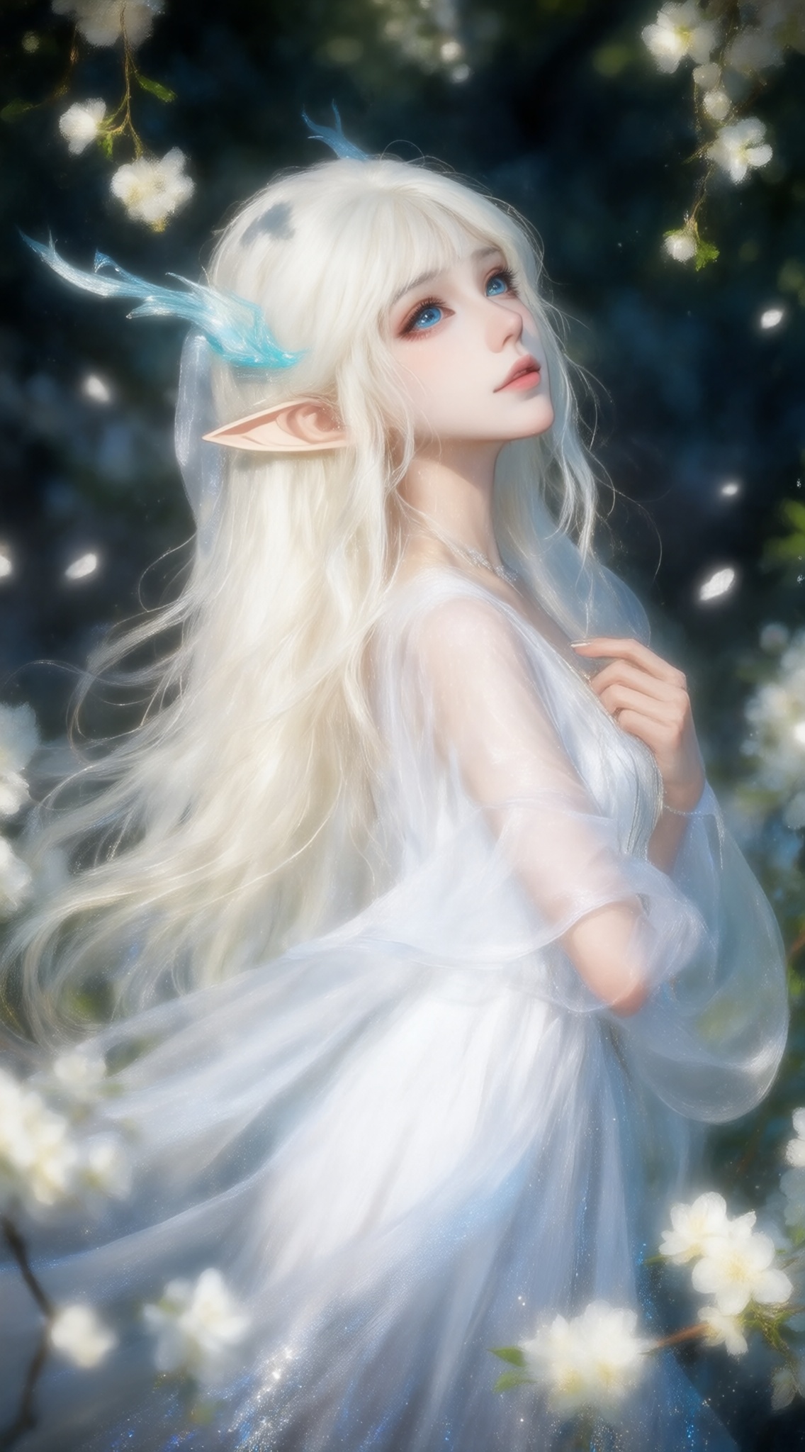A stunning,, ethereal anime-style illustration featuring a delicate,, pale-skinned woman with long,, flowing platinum blonde hair,, elf-like pointed ears,, and large,, expressive blue eyes. She wears a flowing white dress with sheer sleeves and a veil,, standing amidst blooming white flowers. The lighting is soft,, casting gentle shadows,, enhancing the dreamy,, otherworldly atmosphere. The background is a blurred,, lush green forest,, with sunlight filtering through,, creating a serene,, magical ambiance. The artwork is highly detailed,, with a focus on texture and light,, emphasizing the woman's ethereal beauty. The style is reminiscent of fantasy anime,, with a touch of realism.,, Negative prompt: ng_deepnegative_v1_75t,(badhandv4:1.2),EasyNegative,(worst quality:2),,nsfw, Steps: 30, Sampler: Euler, CFG scale: 4.0, Seed: 3660455992, Size: 1142x2048, Model hash: 9768b098f7, Model: ZOZ_千问大模型~超强泛化改良版_v1.0.safetensors, Denoising strength: 0, RNG: CPU, Lora 1: ZOZ_厚涂水彩~千问, Lora Hash 1: 68a42c4795, Lora Weight 1: 0.8, vae_name: automatic
