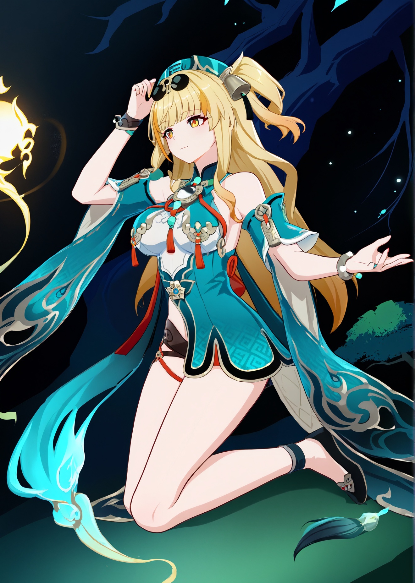 8k, best quality, masterpiece, (ultra-detailed), (high detailed skin), <lora:songque-artiwaifu-Tanger-000009:0.7>, 1 old man, 1girl, songque, 1st clothes, shen1, 1girl, blonde hair, long hair, two side up, breasts, multicolored hair, kneeling under an ancient, gnarled tree. A wise immortal figure in flowing white robes gently touches her head, bestowing a blessing. Mystical aura surrounds them. Ethereal forest background with soft, glowing lights filtering through the trees. Dreamlike ambiance, golden and blue hues. Created Using: delicate brush strokes, traditional Chinese painting style, soft gradients, intricate details, fantasy art, serene expression, mystical lighting, ethereal atmosphere, hd quality, natural look, <lora:jijiav2-a3-Tanger-000005:0.8>, jjijia, 2d, anime, 