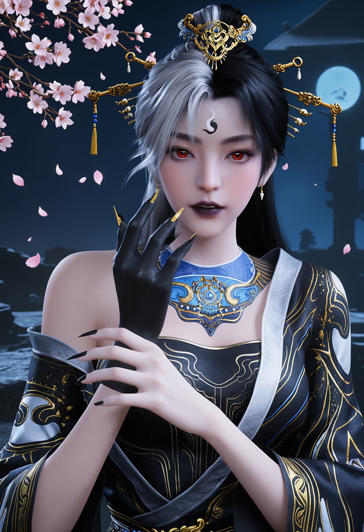 (upper_body:1.2),(looking at viewer:1.1),masterpiece,(best quality),smog,Dark room,dim lighting,peach blossom,falling petals,<lora:YQ_Illustrious光辉v5_阴阳教圣女_V1:0.8>,q1528437228,1girl,dress,solo,hair ornament,long hair,jewelry,black hair,earrings,white hair,forehead mark,red eyes,hair stick,multicolored hair,two-tone hair,forehead jewel,hair bun,wide sleeves,long sleeves,black dress,gloves,grey hair,blue dress,chinese clothes,black gloves,sash,single hair bun,black lips,necklace,short hair,black footwear,fingernails,sharp fingernails,blue hair,colored skin,shoes,black nails,