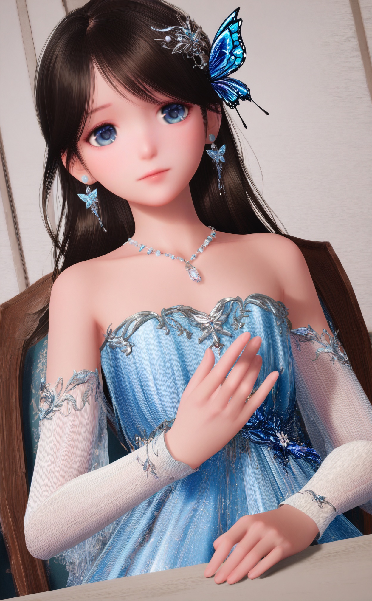 masterpiece,very aware,highres,absurdres,newest,best quality,loli,petite,high quality,chromatic_aberration,//,nuannuan,1girl,jewelry,dress,necklace,earrings,solo,dutch_angle,long_hair,blue_dress,hair_ornament,butterfly,bug,bare_shoulders,chair,brown_hair,blue_eyes,black_hair,upper_body,strapless_dress,detached_sleeves,//,realistic,//,<lora:nuannuan2——【noob】hans:1>,