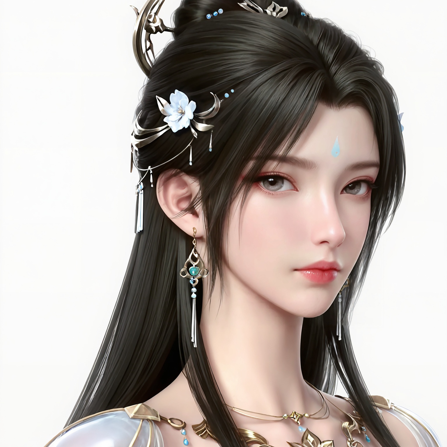 masterpiece,high quality,tall,game cg,highres,(soft light:1.2),white_skin,(shiny_skin:0.6),(realistic:1.1),lvjing,<lora:清漪:0.6>,qingyi,1girl,solo,earrings,jewelry,hair ornament,hair_bun,long hair,closed mouth,portrait,forehead mark,facial mark,black hair,looking_at_viewer,white_background,upper_body,simple background,