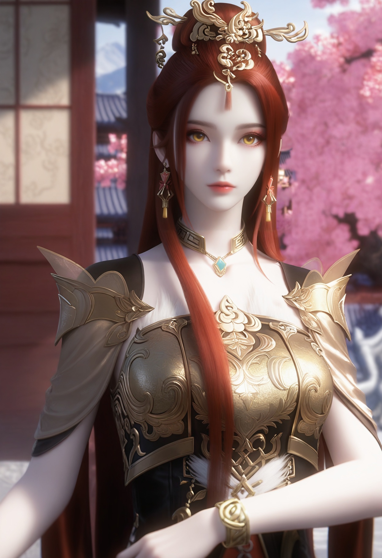 Manzhu_shahua,1girl,jewelry,red hair,earrings,long hair,hair ornament,blurry background,yellow eyes,bracelet,necklace,<lora:Manzhu_shahua_10_illu-000004:0.75>,red dress,cape,chinese clothes,armor,photorealistic,hyperrealistic,(pale skin:1.2),looking at viewer,standing,(upper body:1.2),close up,head shot,lantern,open window,looking at viewer,indoors,mountains,blossoms,flowers,east asian architecture,beautiful sunrise,warm ambient temperature,