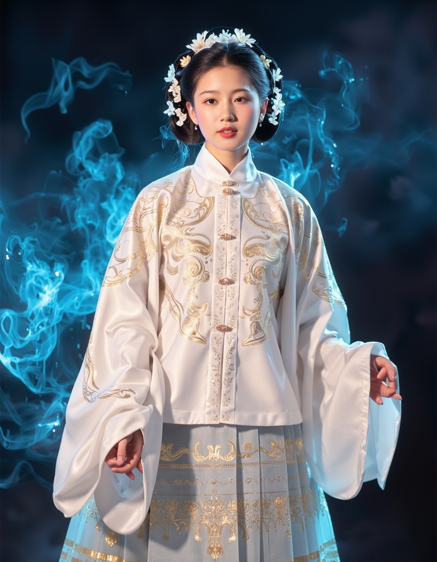 front photo,  photography of a mysterious girl with bubbles aura,  she wearing in ming style hanfu on Tensor.Art