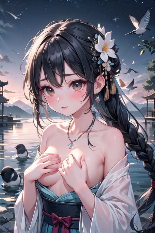 (((hands covering own chest))),  ((partially submerged)),  ((magpie bridge)) on Tensor.Art