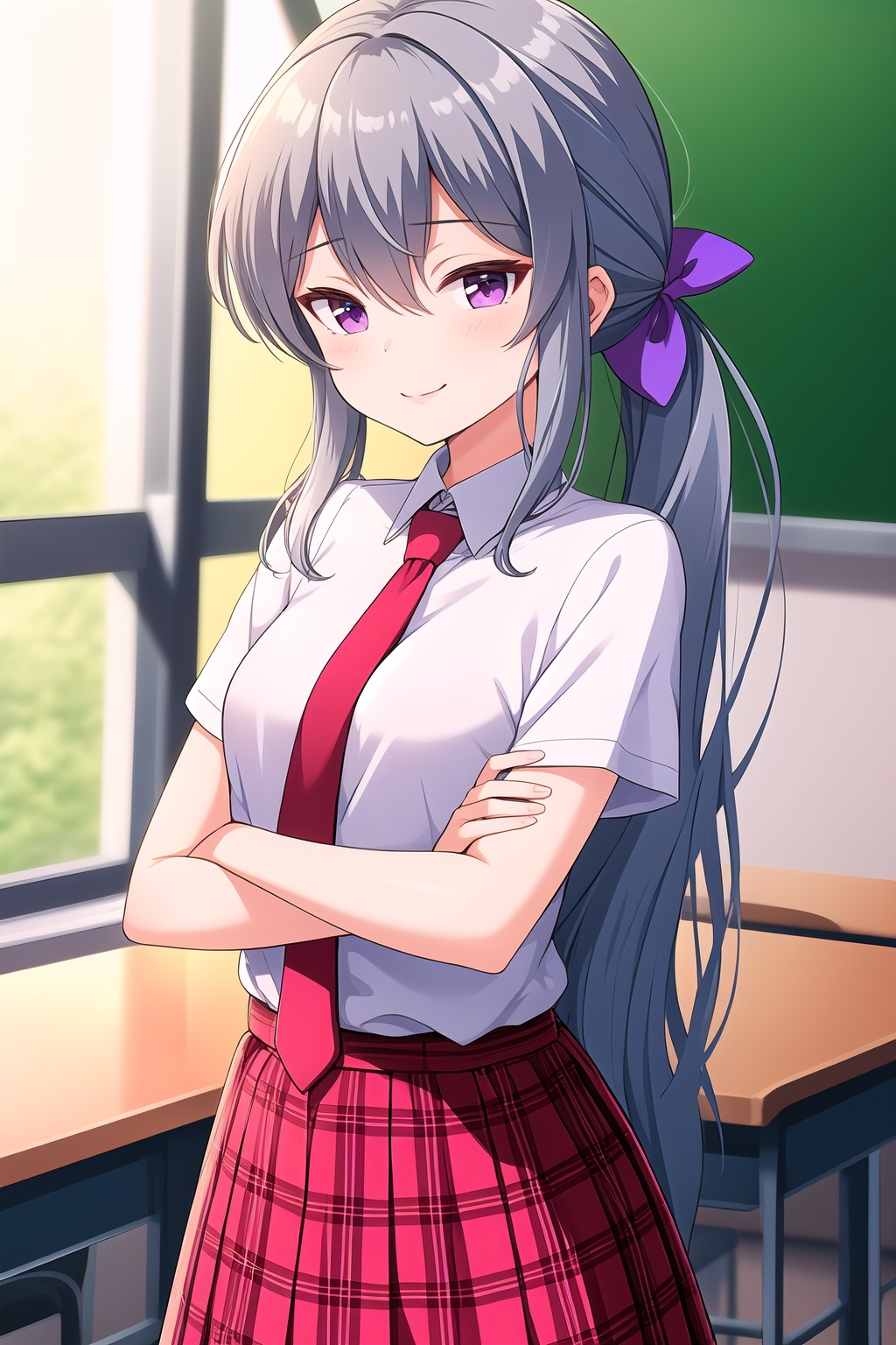 (masterpiece, best quality), highly detailed background, perfect lightingbest quality, shigetoakiho, solo, indoors, classroom, grey hair, low ponytail, purple bow, hair bow, hair between eyes, very long hair, purple eyes, small breasts, red necktie, white shirt, short sleeves, crossed arms, red skirt, plaid skirt, school uniform, smile, closed mouth, :), pink lips, <lora:Shigeto-Akiho:0.7>