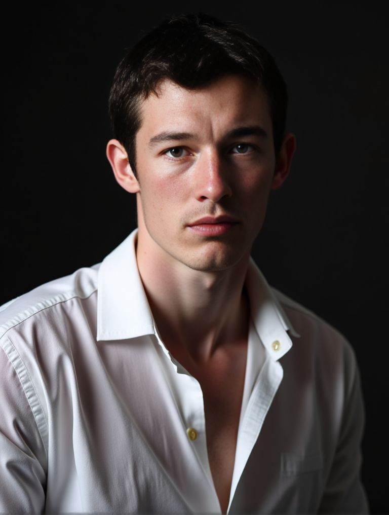 Callum Turner ,  Photorealistic . sheer white shirt halfâ€‘removed. intricate fabric textures. dramatic studio lighting. u...