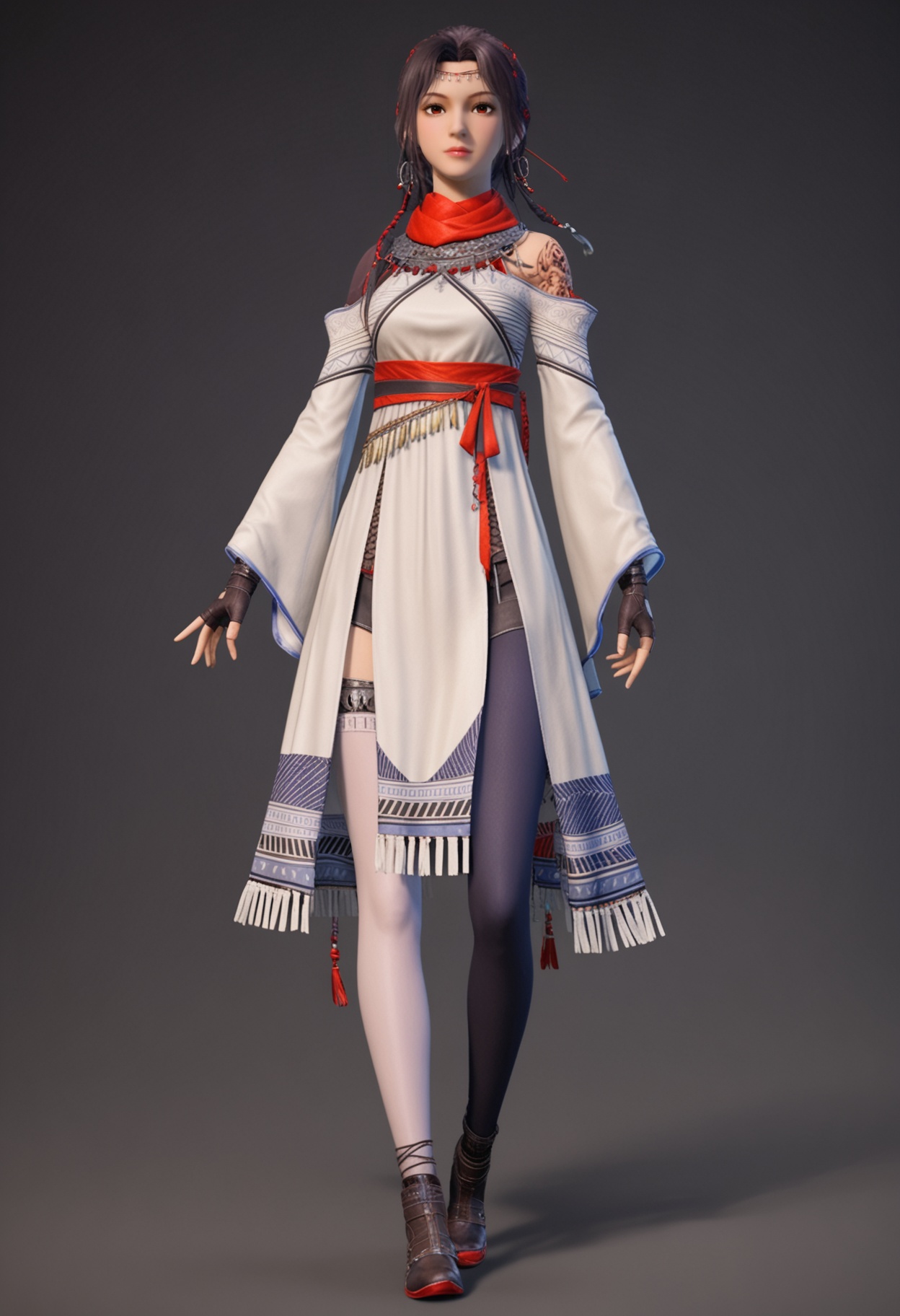 (looking_at_viewer:1.2),standing,full body,<lora:YQ_pony_xiancan_V4:0.8>,q1528437228,solo,1girl,black hair,jewelry,hair ornament,brown eyes,brown hair,scarf,tattoo,red scarf,long hair,earrings,short hair,braid,necklace,gloves,black eyes,dress,fingerless gloves,red eyes,hoop earrings,long sleeves,bandana,sash,thighhighs,circlet,white dress,arm tattoo,pantyhose,dark skin,black gloves,fringe trim,multiple braids,dark-skinned female,asymmetrical legwear,blue hair,headband,shoes,single braid,legs,single thighhigh,socks,armor,(simple background,pure black background,black background:1.1),perfect_anatomy,