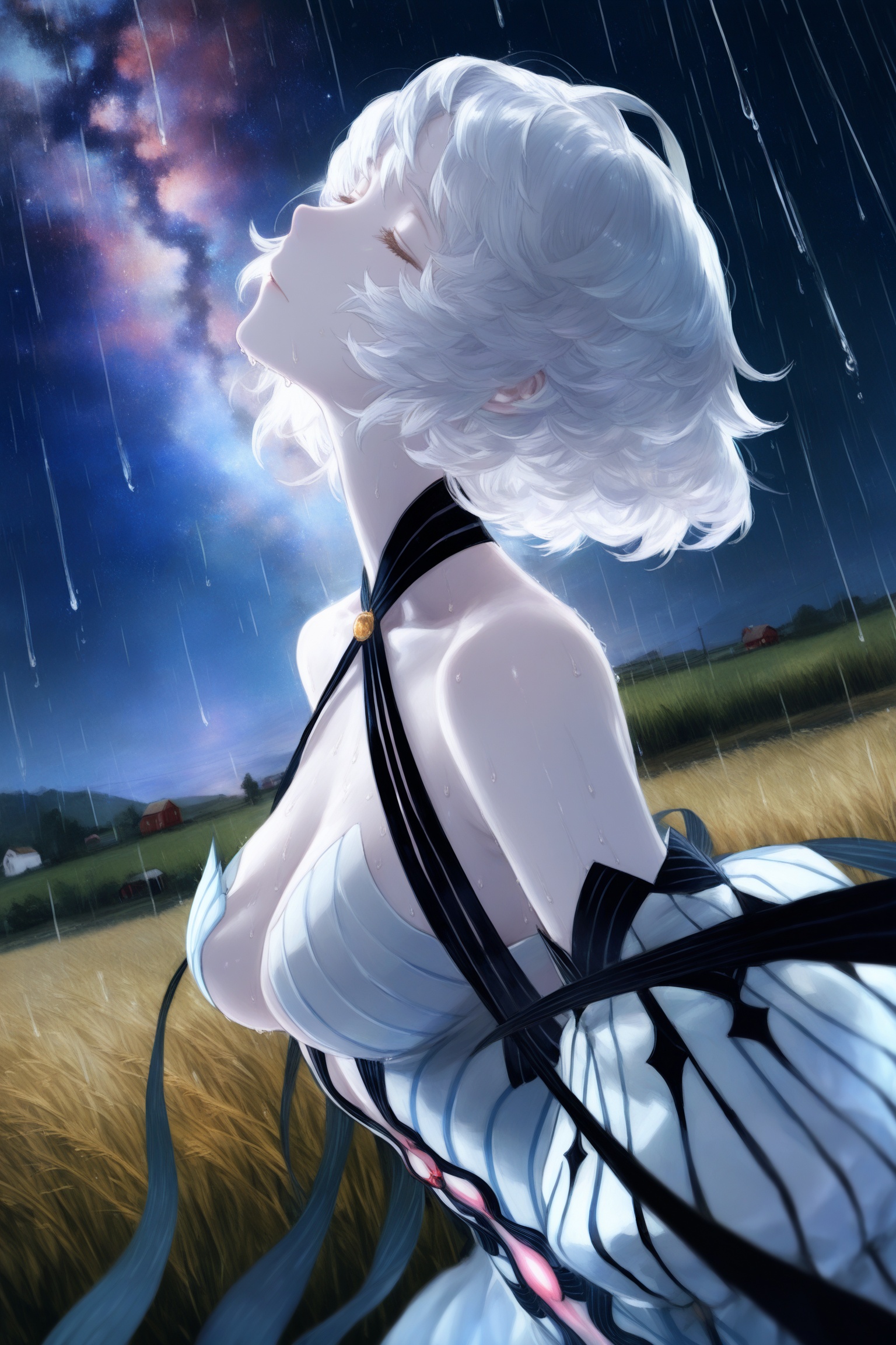 newest, very aesthetic, illustration, official art, 1girl, solo, upper body, van gogh \(third ascension\) \(fate\), fate/grandorder, facing up, white hair, pale skin, closed eyes, bare shoulders, criss-cross halter, white dress, white detached sleeves, medium breasts, no hat, quiet, peaceful, raining, star \(sky\), night sky, farm, tall grass, oil painting \(medium\), from side, wet, depth of field, artist:toi8, artist:kibadori rue