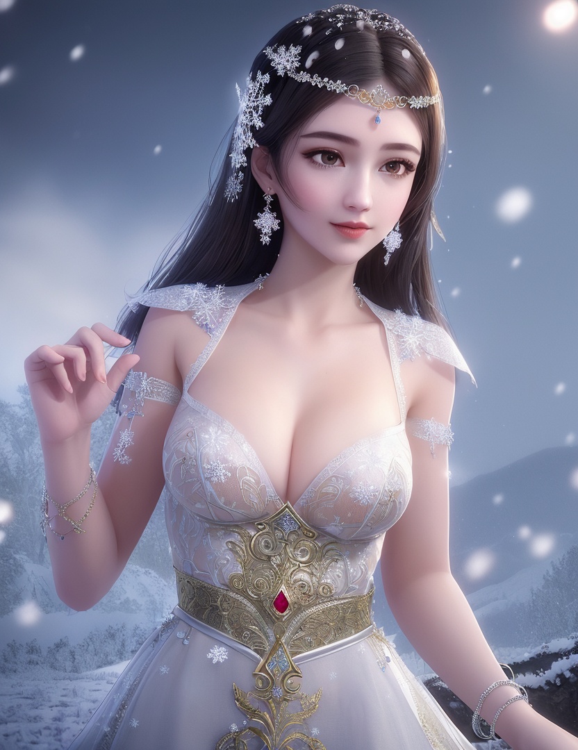 ultra realistic 8k cg, flawless, clean, masterpiece, professional artwork, famous artwork, cinematic lighting, cinematic bloom, perfect face, beautiful face, fantasy, dreamlike, unreal, science fiction,   lace, lace trim, lace-trimmed legwear, luxury, jewelry, diamond, gold, pearl, gem, sapphire, ruby, emerald, intricate detail, delicate pattern, charming, alluring, seductive, erotic, enchanting, hair ornament, necklace, earrings, bracelet, armlet,halo,autumn,((,1girl, pov,best quality, ))  , ((((1girl, solo,outdoors, large breasts,,snowflakes,  snow, snowing,   ))))    <lora:DA_BaiCai:0.7>