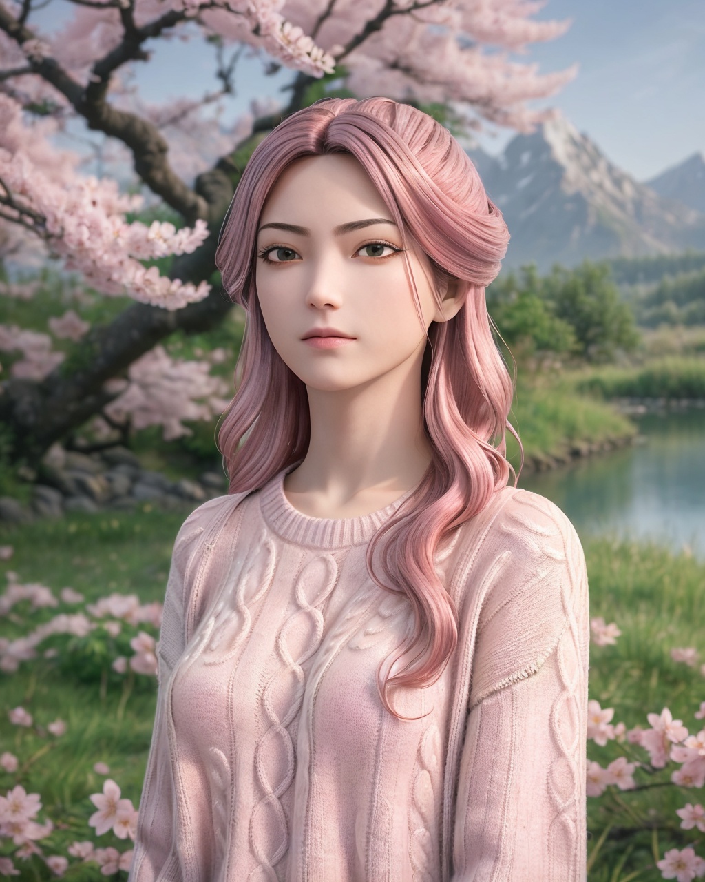 <lora:CaiJinjian-Sd1.5:0.55>,cjj,(portrait),1girl,solo,(pink wavy hair:1.5),(sweater:1.5),soft focus,garden,nature,bush,mountains,grass,(blooming sakura trees:1.3),river,sun rays through branches,depth of field,(best quality:1.5,masterpiece:1.5),