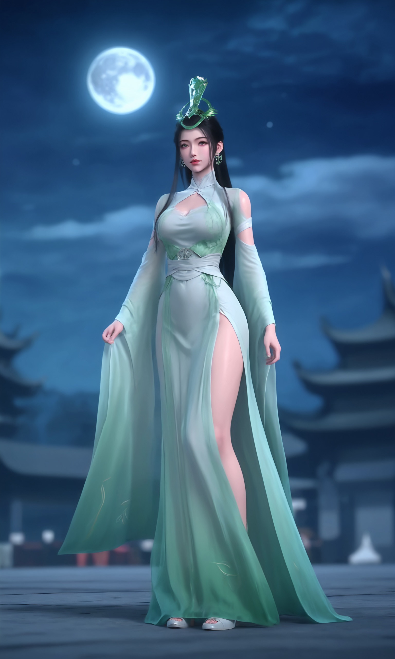 solo,shiny,shiny_hair,full_body,fair_skin,white_skin,shiny_skin,shiny,Ivory_skin,looking at viewer,cinematic lighting,volumetric lighting,solo focus,blurry background,depth of field,night,sky,night sky,full moon,moonlight,<lora:陆嫁嫁Pony:0.7>,1girl,long,straight black hair,green headdress,pale green traditional Chinese dress,high collar,intricate embroidery,cut-out chest,high slit,long sleeves,