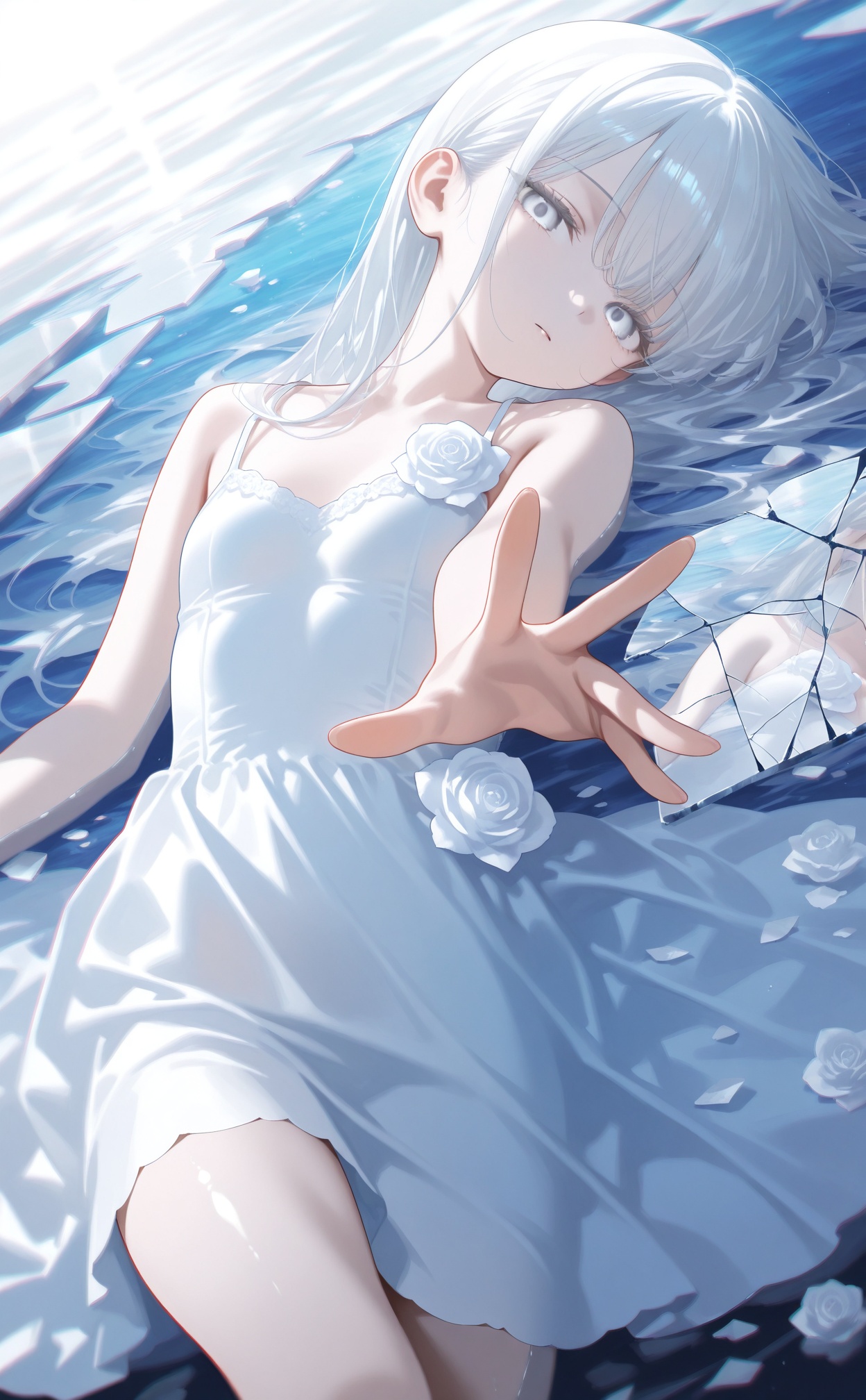 masterpiece,absurdres,best quality,((petite)),loli,high quality,chromatic_aberration,shiny_skin,//,1girl,solo,long hair,dress,looking at viewer,white eyes,glass,white dress,grey eyes,white hair,flower,broken glass,white theme,dress flower,blue theme,bare shoulders,glass shards,white flower,reaching,reaching towards viewer,water,parted lips,closed mouth,sleeveless,reflection,sleeveless dress,white rose,watermark,expressionless,