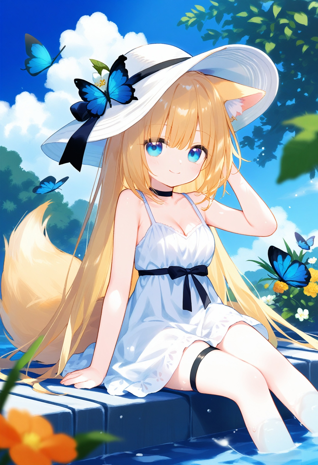 Elite,loli,1girl,solo,long hair,breasts,looking at viewer,blush,smile,bangs,blue eyes,blonde hair,hat,dress,ribbon,animal ears,cleavage,bare shoulders,medium breasts,sitting,very long hair,closed mouth,collarbone,tail,flower,white hair,outdoors,sky,barefoot,sleeveless,choker,day,cloud,water,white dress,arm up,blue sky,animal ear fluff,bare arms,fox ears,thigh strap,sleeveless dress,depth of field,fox tail,animal,white headwear,black choker,bug,white flower,fox girl,butterfly,blue flower,sun hat,blurry foreground,hat flower,hand on headwear,sundress,soaking feet,blue butterfly,