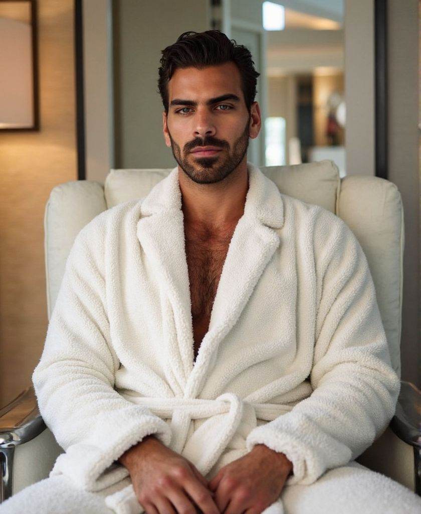 Nyle Dimarco ,  high-resolutiuon photograph,  wearing fitted fluffy white bathrobe. He is sitting on a chair in the spa ar...