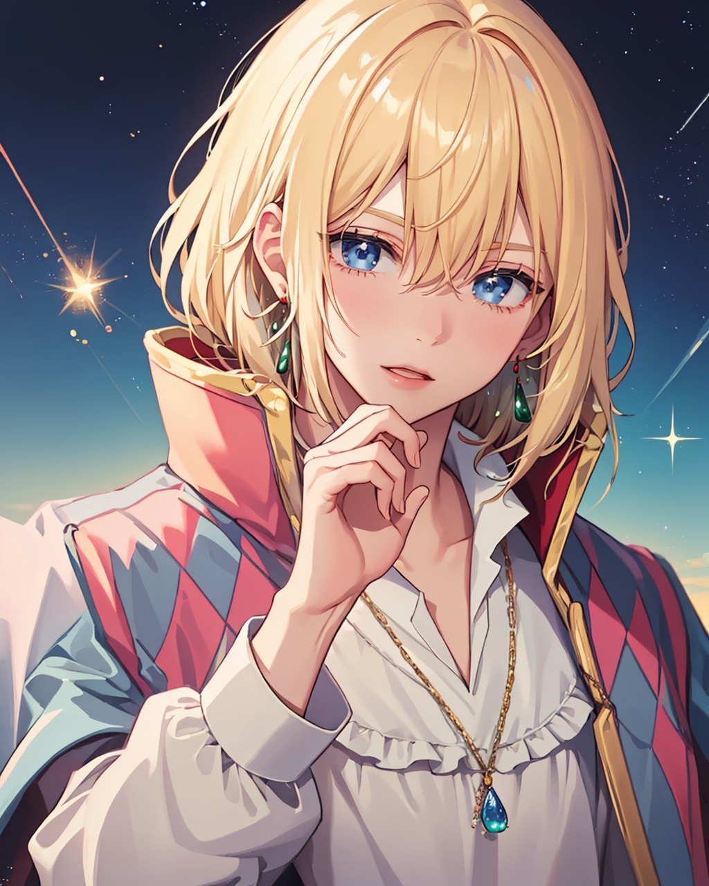 masterpiece,best quality, highly detailed, howl (howl no ugoku shiro), 1boy, solo, male focus, earrings, white shirt, necklace, red cape, looking at viewer, hand up, long sleeves, gem, upper body, frills,<lora:howl_(howl_no_ugoku_shiro):1>