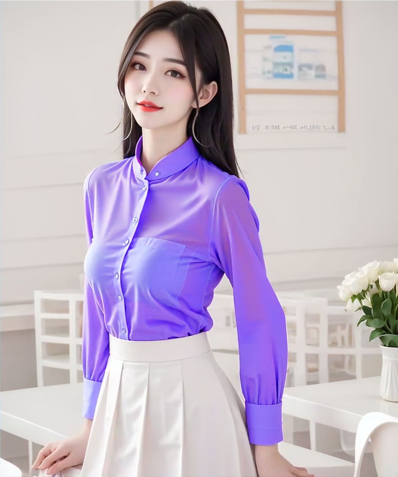 1girl,diamond earrings,water red lips,heavy makeup,close-up,black hair,long hair,solo,upper_body,<lora:绝色白衬衣短裙女孩1.1:0.8>,full breasts,skirt,purple shirt,purple collar shirt,