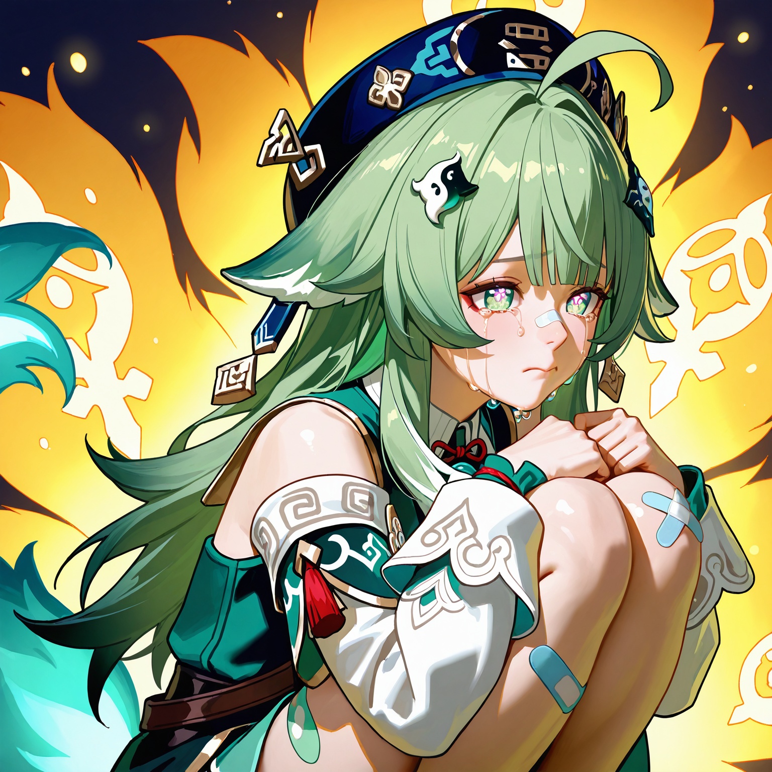 realistic,2.5D,photorealistic,1girl absurdres ahoge animal_ears arsuke_xia bandaid bandaid_on_leg beret crossover crying crying_with_eyes_open fox_ears green_eyes green_hair hair_ornament hat highres holding honkai:_star_rail honkai_(series) huohuo_(honkai:_star_rail) long_hair long_sleeves paw-shaped_pupils solo squatting symbol-shaped_pupils tail_(honkai:_star_rail) tears yin_yang_hair_ornament,