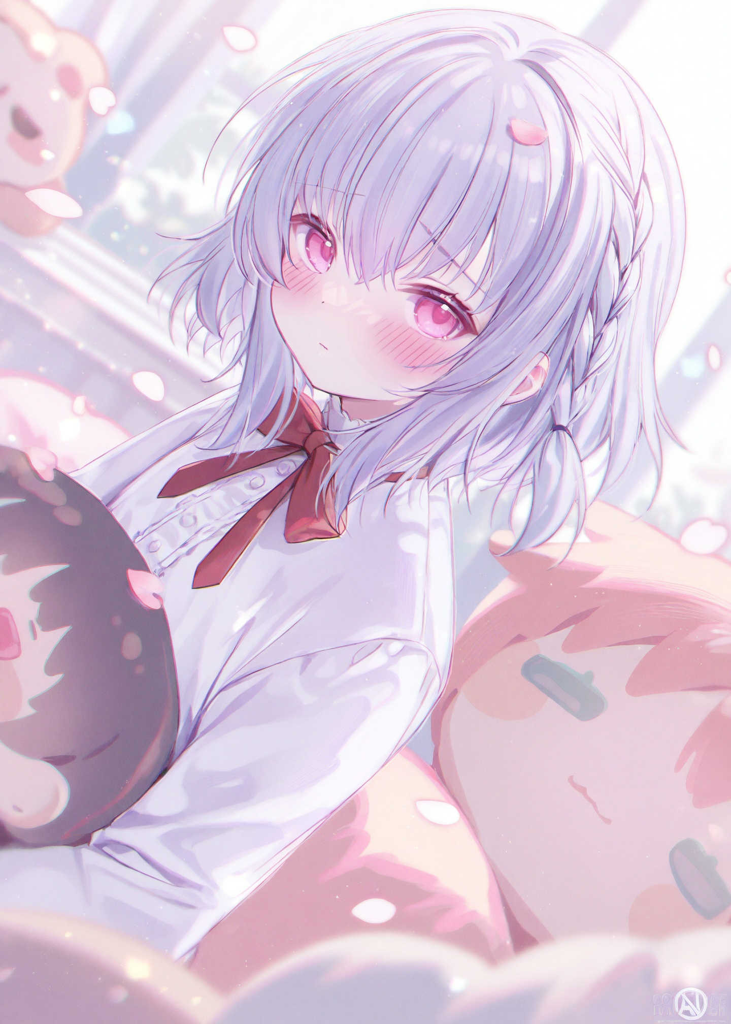 masterpiece,absurdres,best quality,petite,high quality,//,male_focus,1boy,blush,solo,braid,long_sleeves,pink_eyes,white_shirt,looking_at_viewer,shirt,medium_hair,red_bow,bow,petals,red_bowtie,grey_hair,stuffed_toy,dutch_angle,jacket,short_hair,bowtie,white_jacket,//,<lora:梅原生umehara_sei ——【CKXL】hans:0.9>,