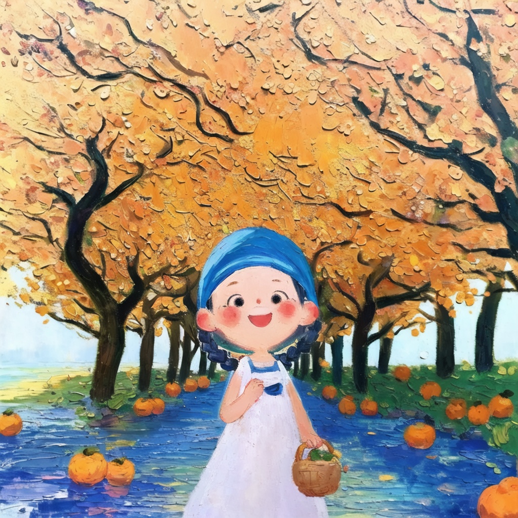 <lora:sfch-000006:0.9>,4k,Autumn,first frost solar term,persimmon tree,covered with persimmons,persimmons with frost,a little girl holding a basket to pick persimmons,she wore two braided hair,wearing a headscarf,wearing a long skirt,wearing a red scar,eyes big,red face,laughing eyes on covered is young on,narrowed into a sea am,the picture warm tone,warm,beautiful background colorful background forest background,simple detail tuyafengge Disney Little Man 001KIDS ILLUSTRATION MBE_style bichu,oil painting,Impressionism mjtyhz,