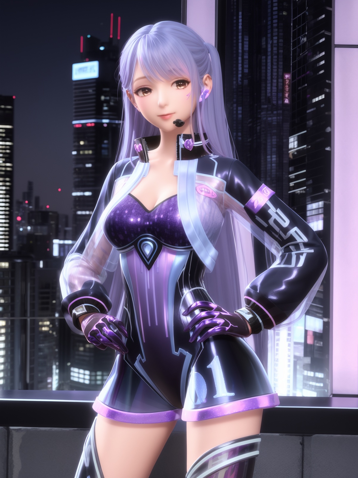 SYNNzhufengxuanying, 1girl, solo, see-through, thighhighs, long hair, gloves, brown eyes, looking at viewer, purple hair, breasts, headset,blue hair,open jacket, dress, high heels,  <lora:SYNNzhufengxuanying:0.75>,cityscape, night,hand on hip, 