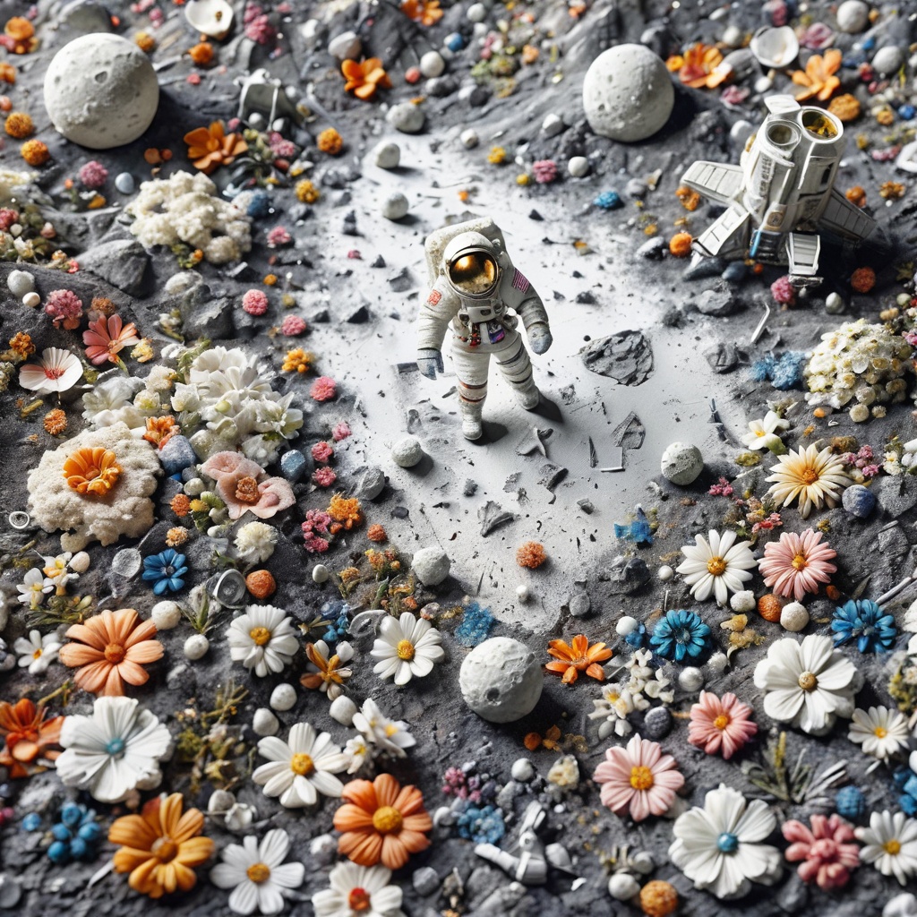 masterpiece,(realistic:1),(photorealistic:1),intricate detail,highly detailed,great textures,8k,high detail,miniature,landscape,overview,simulating a lunar landing,miniature,astronaut,lunar landing,simulation,crumbled texture,whimsical,creative scale,scene construction,storytelling,simple white background,solo,from above,poakl flower style,<lora:poaklflowerstyle-000009:1.0>,